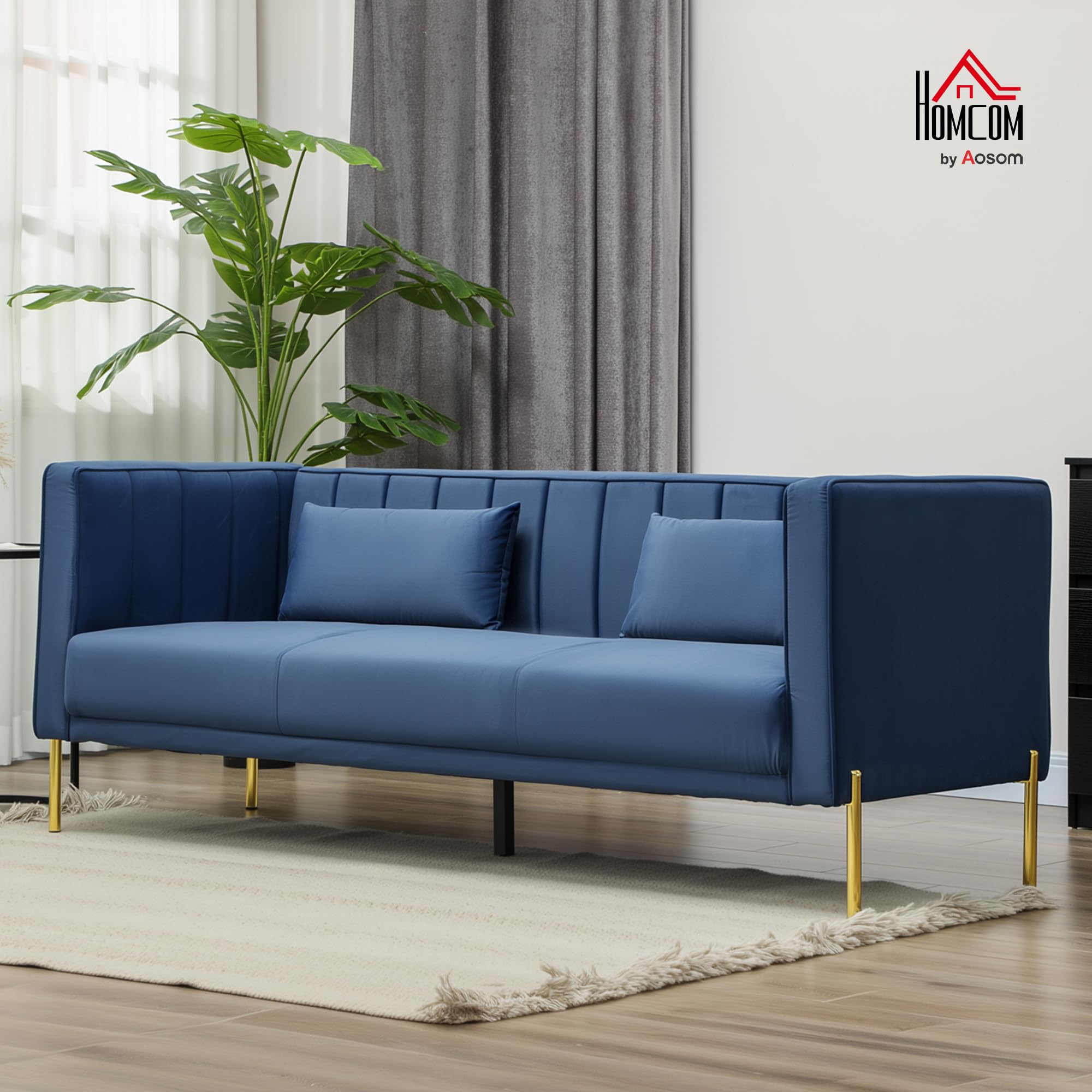 HOMCOM Sofá de 3 Plazas con Tapizado en Terciopelo 194,5 cm Azul Marino | Sofá de Salón, para Sala de Estar, 2 Cojines, Reposabrazos, Patas Doradas
