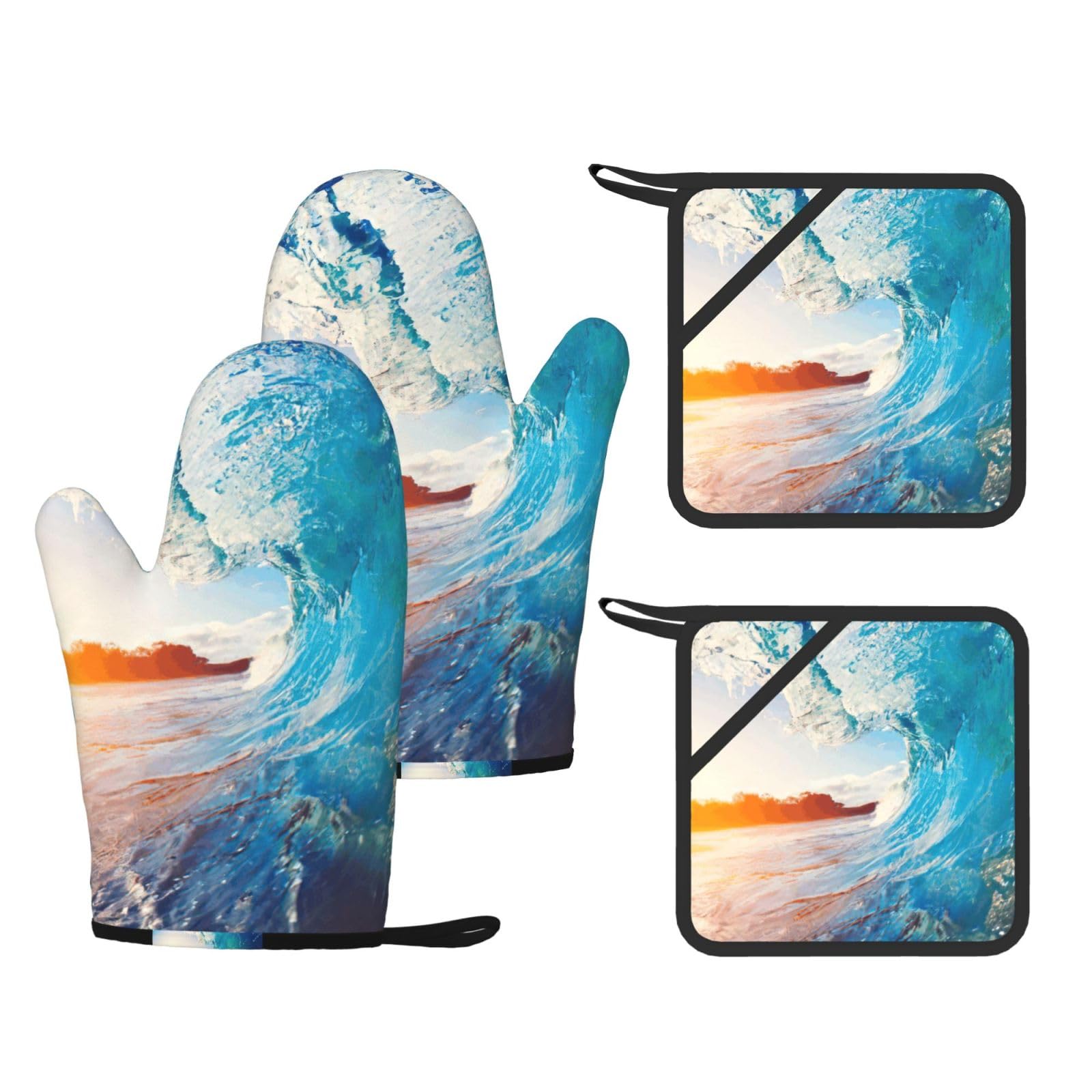 Sunset Sea Surfing Seascape Print Oven Mitts And Pot Holders Pads Set, Oven Glove High Heat Resistant 500 Degree For Kitchen
