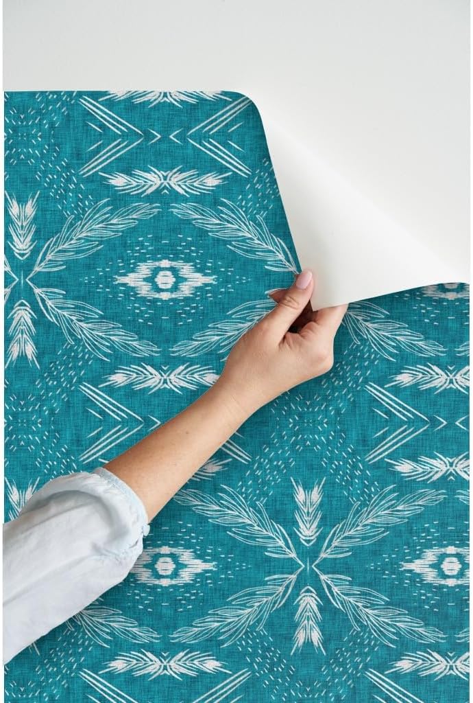 Peel & Stick Wallpaper 6ft x 2ft - Geo Teal Jungle Leaf Palm Boho Ikat Blue White Bohemian Custom Removable Wallpaper by Spoonflower