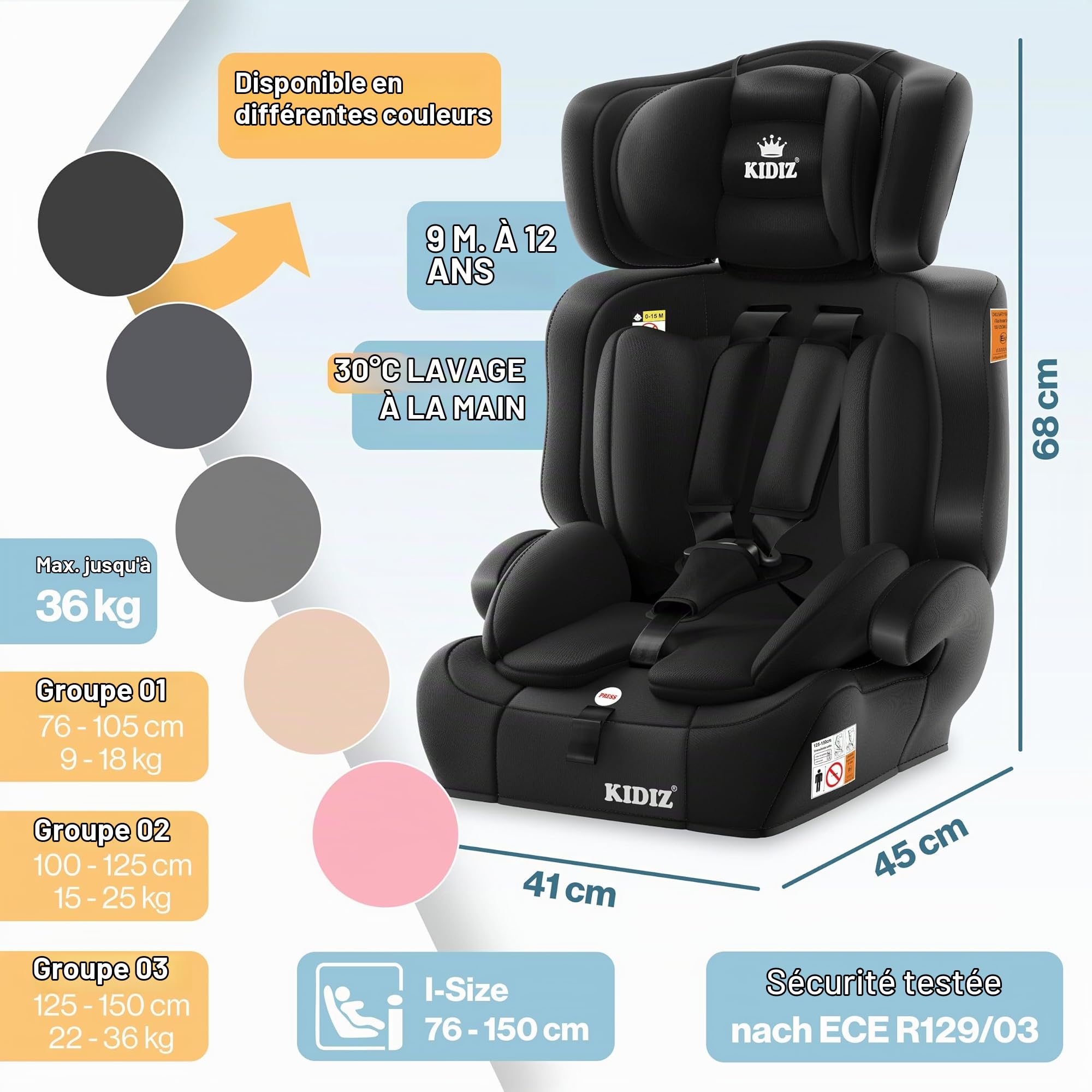 KIDIZ® i-Size R129 Siège auto pour enfant de 100 à 150 cm jusqu'à 12 ans, groupe 1/2/3 sans Isofix, siège enfant qui grandit avec le corps, ceinture à 5 points et appui-tête réglable en hauteur, noir