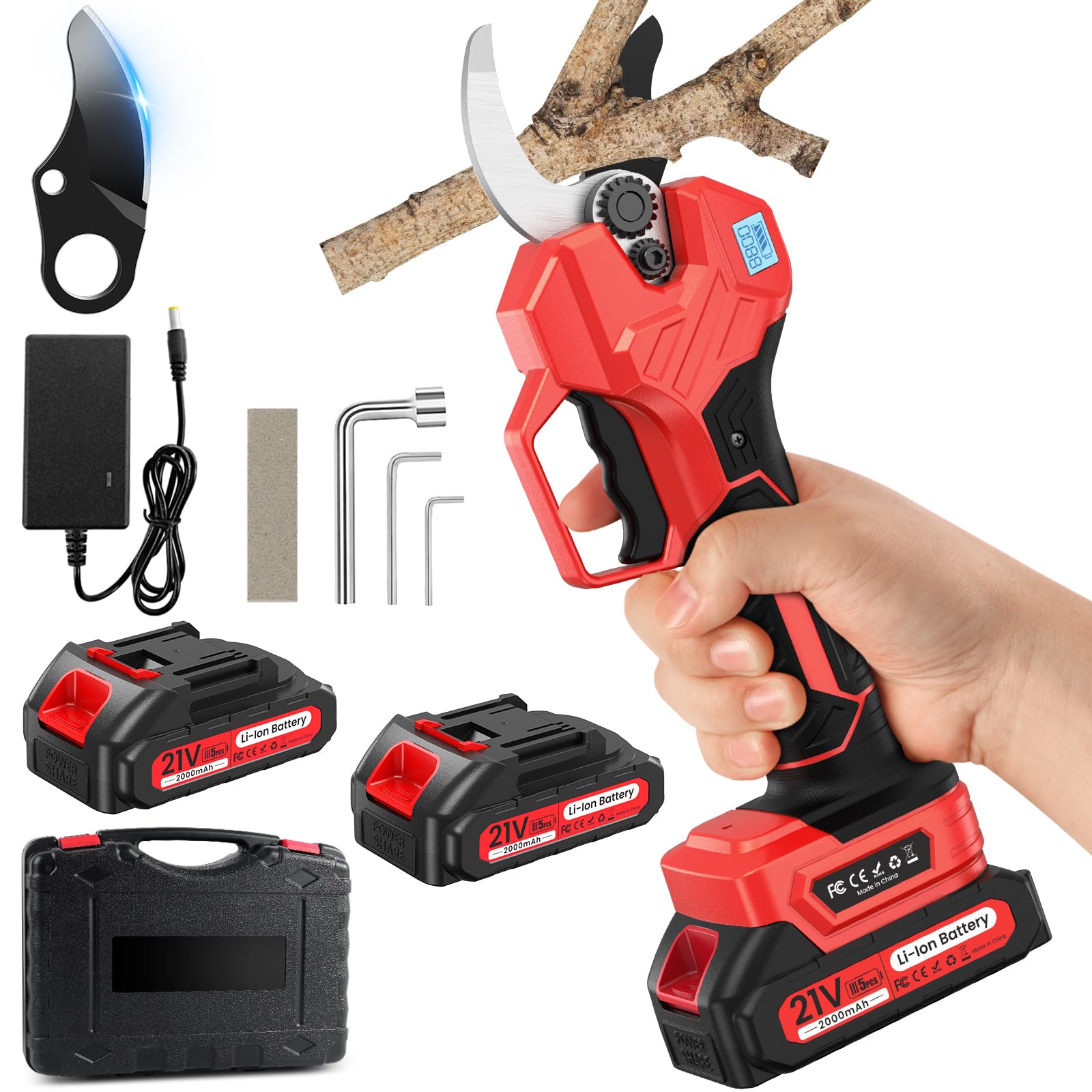 50 Mm Akku Astschere, Eingebauter Schalter, Leises öFfnungs- Und SchließGeräUsch, Mit Display, 2 X 2000 Mah Akkus, Geeignet FüR ObstgäRten, GäRten Und BauernhöFe (Rot)