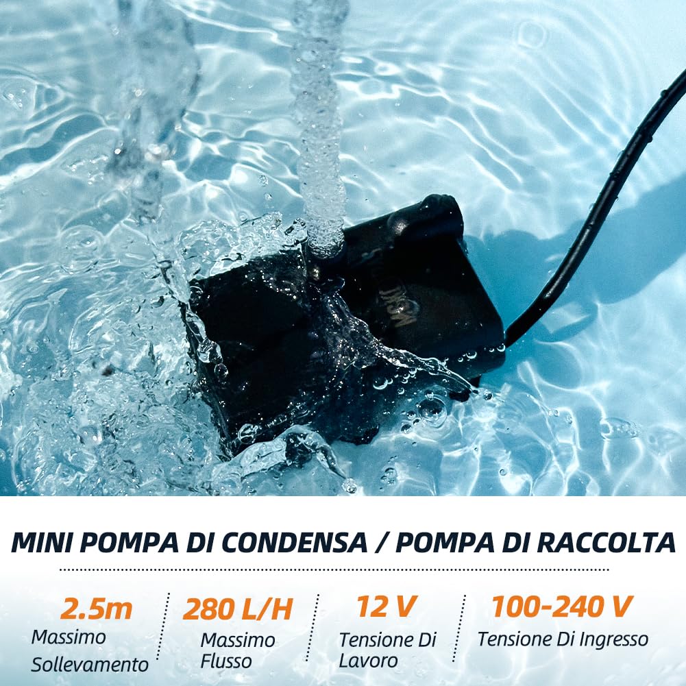 Pompa di sentina automatica di piccole dimensioni con sensore dell'acqua, sollevamento 2,5 m, 280 l/h con tubo da 1,8 m, mini pompa di condensa 115/230 V per deumidificatore, condizionatore d'aria