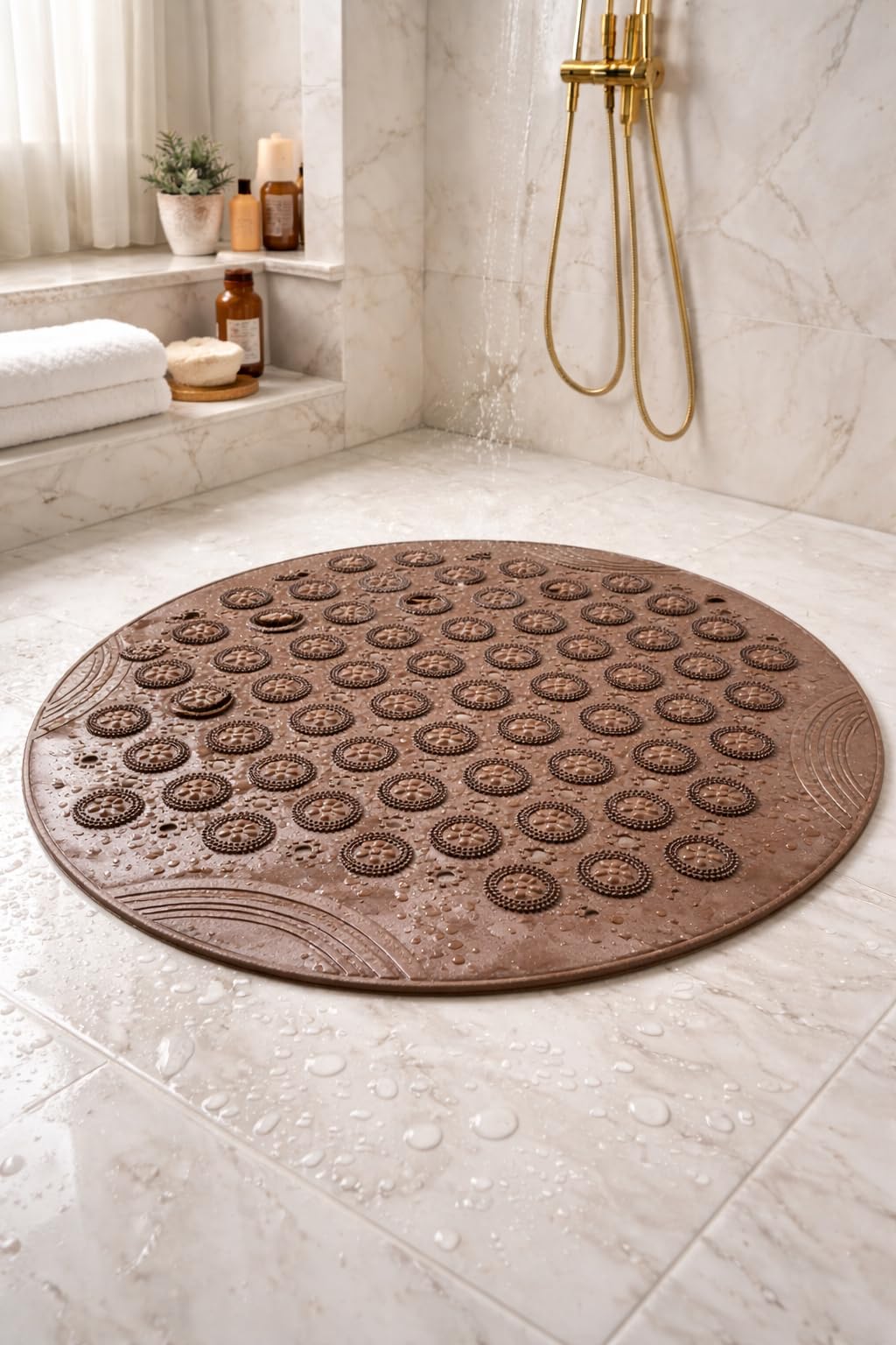 ANS Non-Slip PVC Rubber Bath Mat with Suction Cups | Round 55 cm Shower & Bathtub Mat | Anti-Slip, Quick Drain, Soft Massage, Durable Bathroom Mat (Brown)