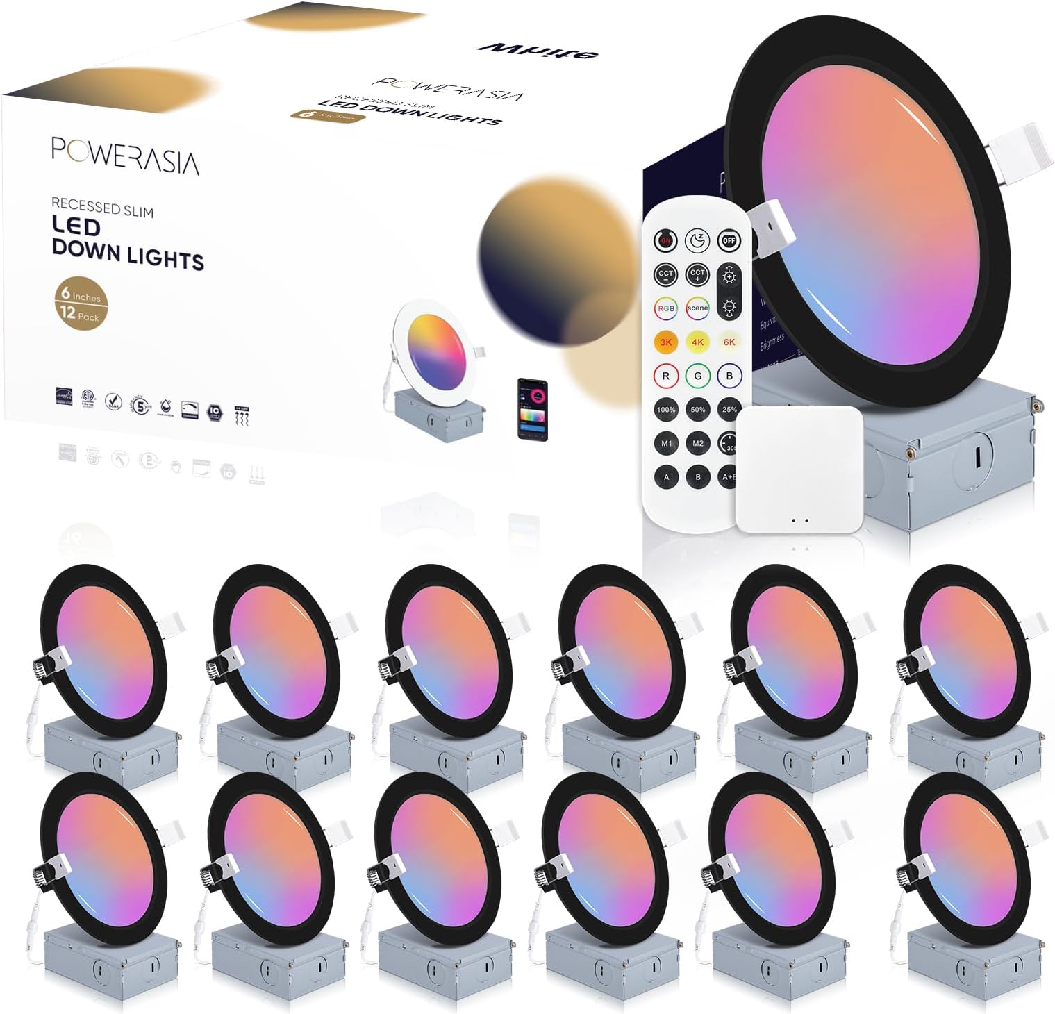 12 Pack Black Smart Recessed Lighting 6 Inch, Ultra-Thin 6 Inch LED Recessed Lights12W 1200LM Smart Downlight with Junction Box, Compatible with Alexa/Google Assistant and Siri - ETL and Energy Star