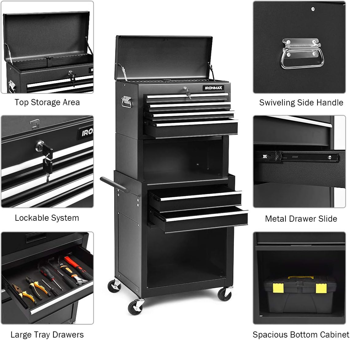 Goplus 6-Drawer Rolling Tool Chest, 3-in-1 Tool Box Organizer w/ Auto Locking System & Lockable Wheels & Sliding Drawers & Detachable Top, Tool Storage Cabinet for Garage Workshop, Black - - 