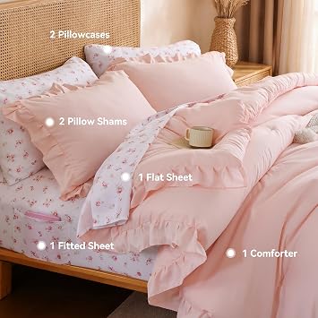 JANZAA Ruffle Queen Comforter Set with Floral Sheets 7 Pieces Pink