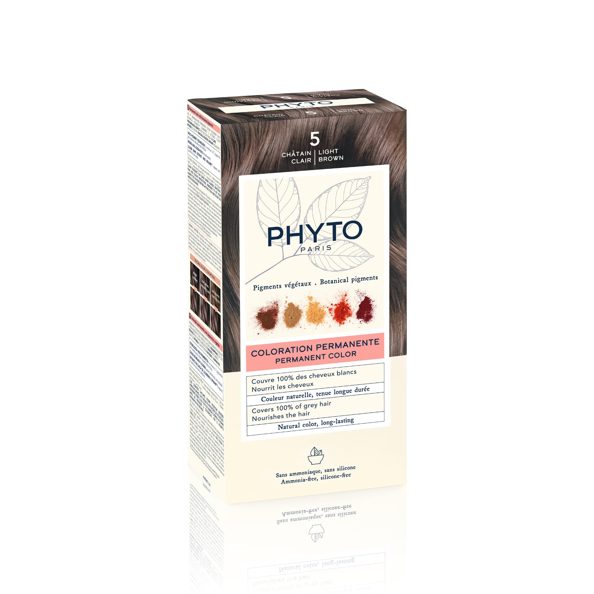 Phyto Phytocolor Permanent Natural Hair Color 5 Light Brown with Botanical Pigments, 100% Grey Hair Coverage, Ammonia-free, PPD-free, Silicone-free