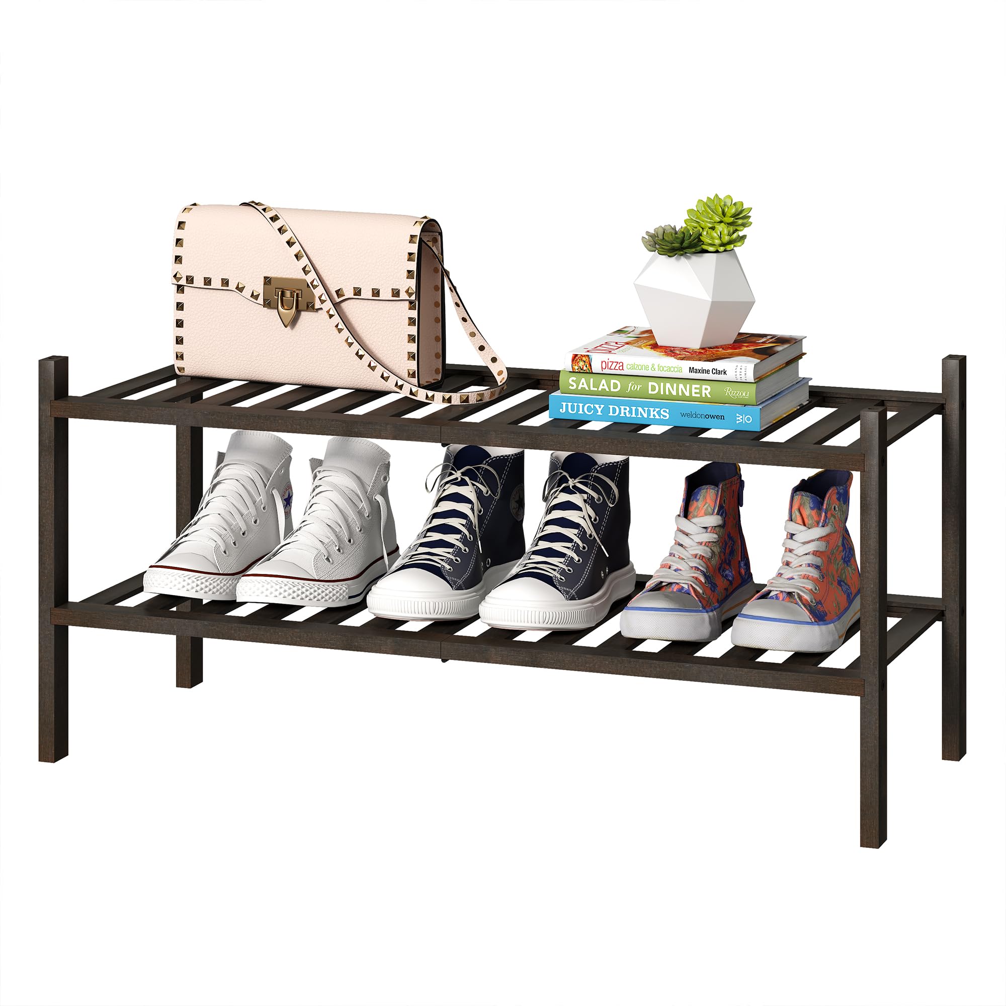 FILWH Bamboo Shoe Rack Stackable Shoe Shelf Storage Organizer for Unit Entryway Hallway and Closet Sturdy Freestanding Shoe Shelf(2 Tier Brown)
