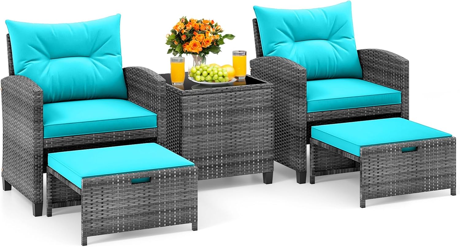 KOTEK 5 Pieces Patio Furniture Set with Ottomans, Wicker Patio Conversation Set with Coffee Table & Cushions, PE Rattan Outdoor Lounge Chairs for Backyard, Porch, Poolside (Mix Grey- Turquoise)