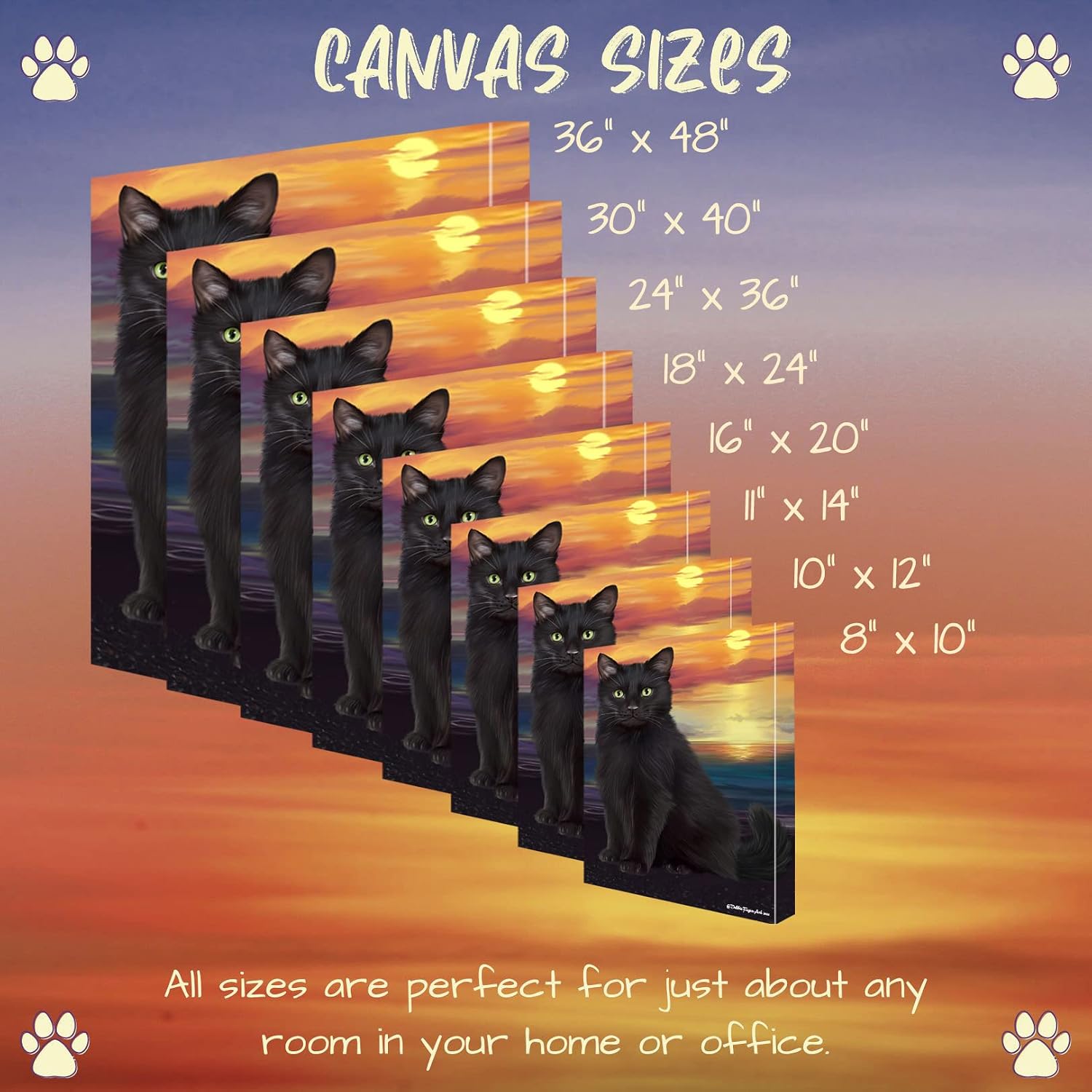 Sunset with Black Cats Canvas Wall Art - Premium Quality Ready to Hang Room Decor - Black Floating Framed 24" x 24"