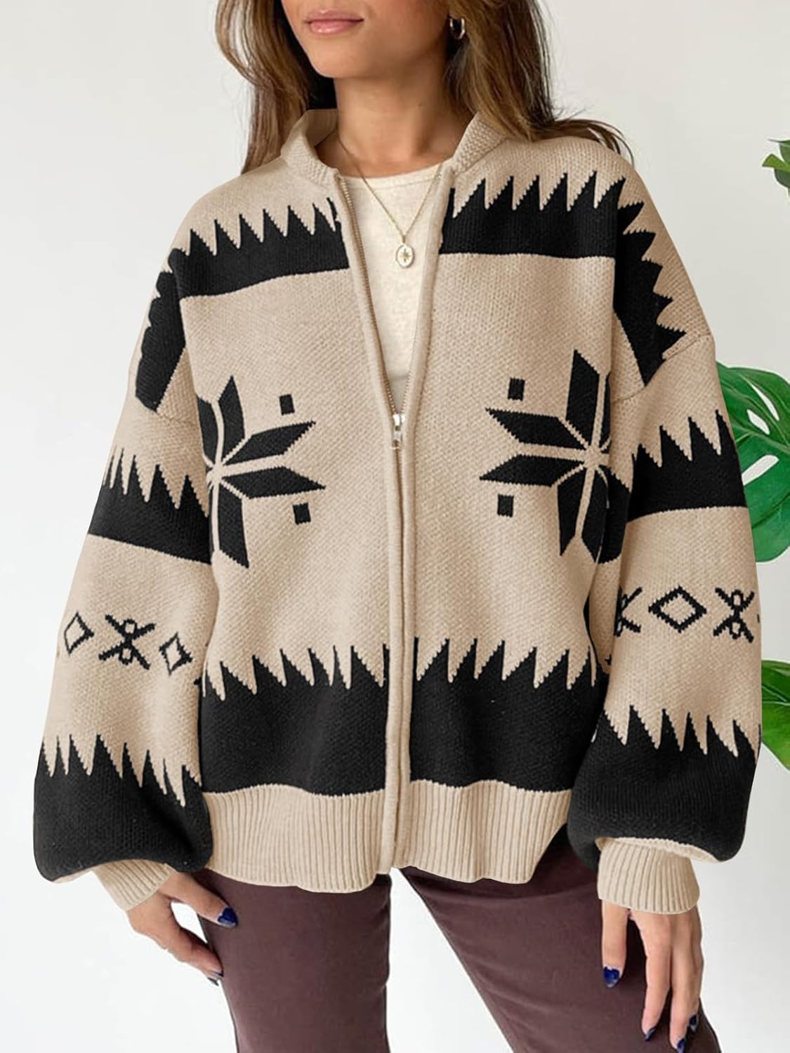 Saodimallsu Womens Zip Up Sweater Jacket Oversized Chunky Puff Long Sleeve Graphic Christmas Cardigan