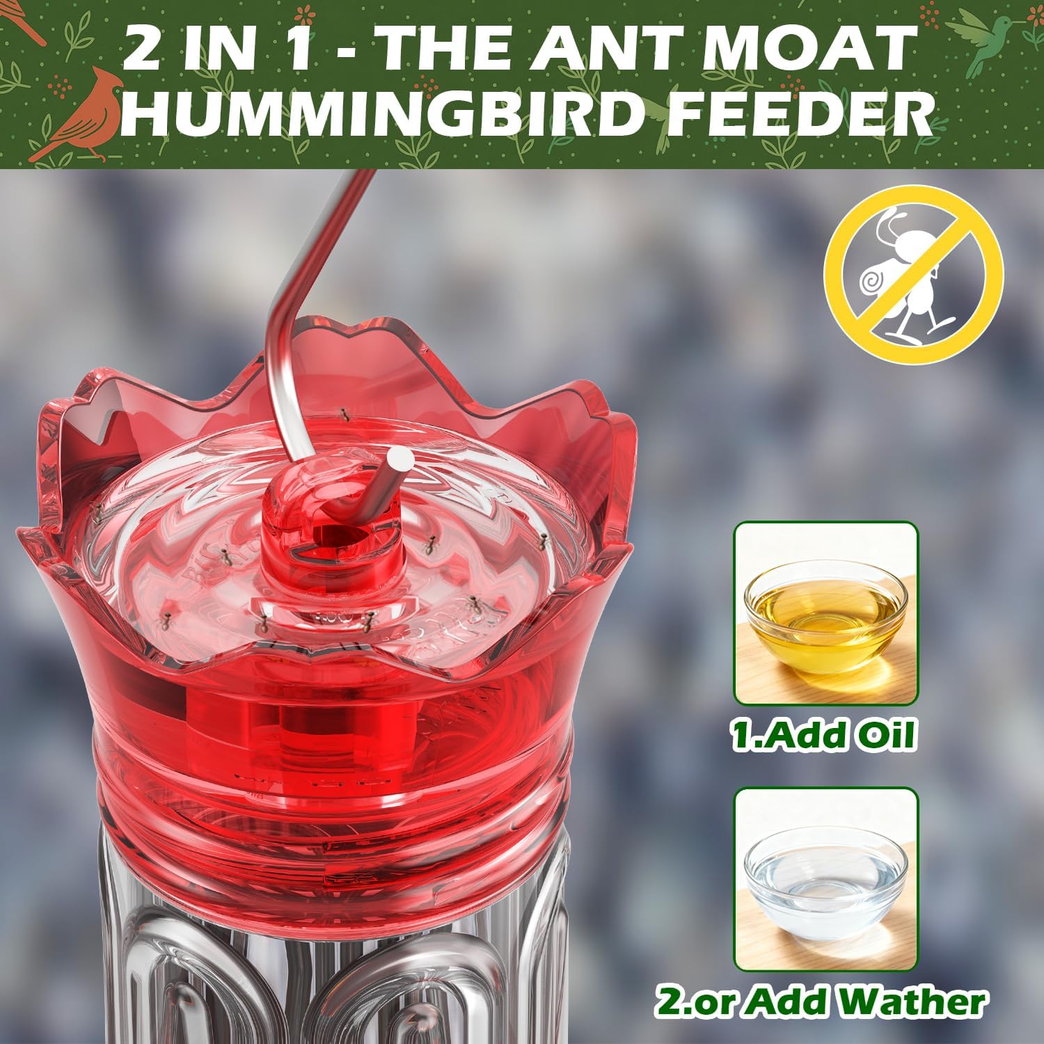Birdream Hummingbird Feeders for Outdoors Hanging 20 Ounces 10 Feeding Ports, 2 Pack Plastic Humming Bird Feeder with Ant Moat Brush Leak Proof - Red - Image 5