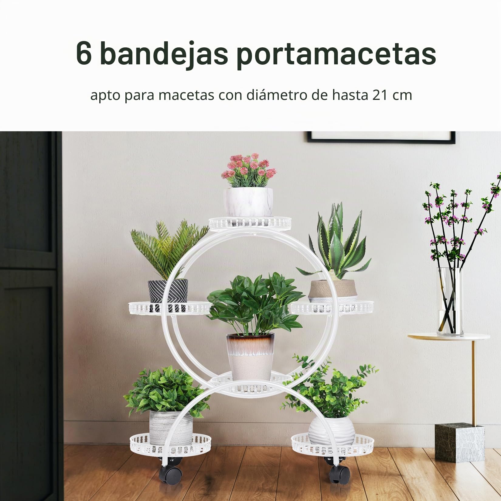 unho Estanteria para Macetas de Metal con Ruedas, Soporte para Plantas de 6 Niveles con Ruedas Universales Soporte Macetas Exterior Interior para Salón Balcón Terraza Patio, Blanco