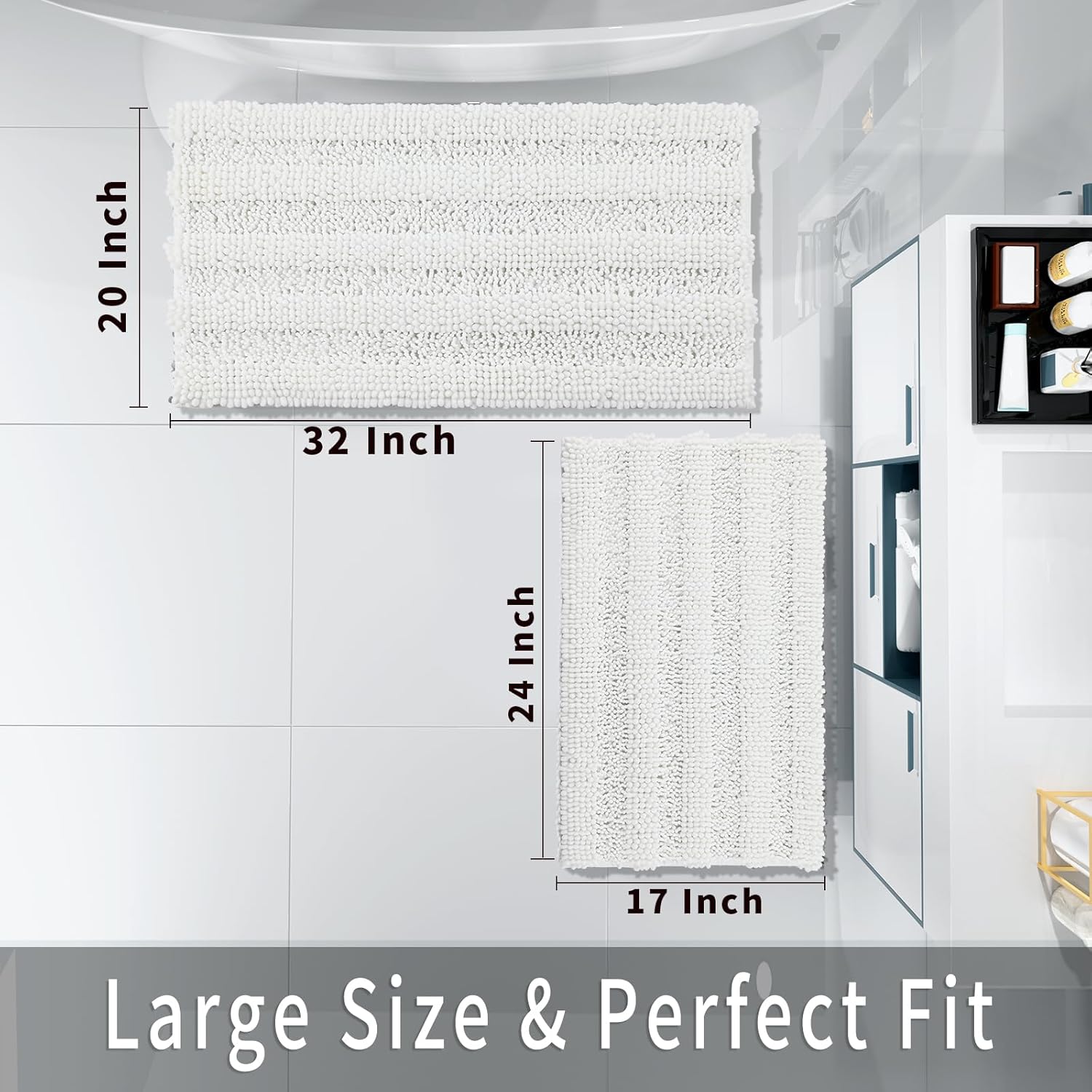 Yimobra Bathroom Rug Set 2 Piece, Soft Absorbent Chenille Bath Mat Set, Non Slip Machine Washable Quick Dry, Plush Shower Rugs for Bathroom Floor Sink Tub and Shower Outside, 32"x20"+24"x17", White - Image 2