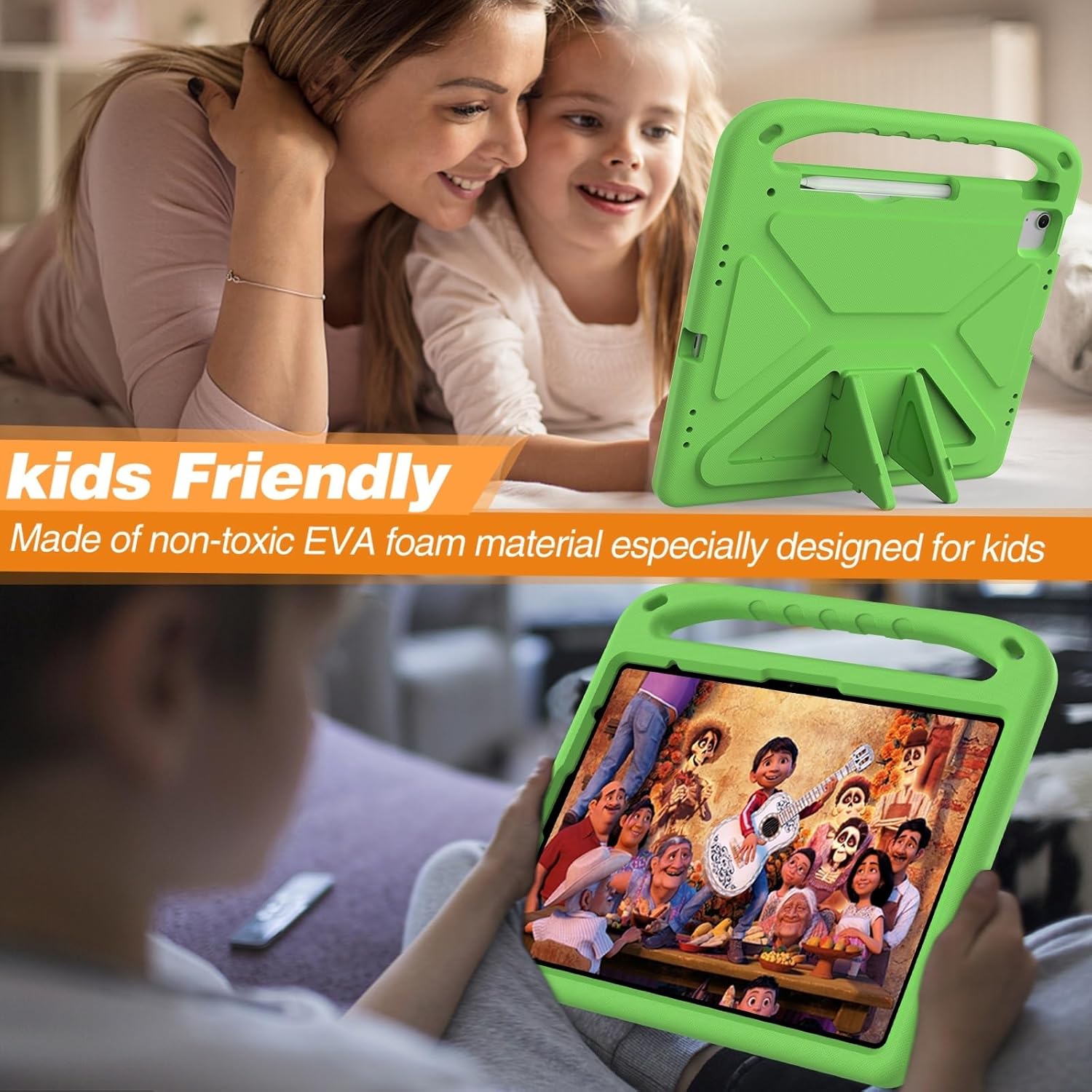 Compatible with iPad Air 13 Inch M3 2025/Air 13" M2 2024 Kids Case,Lightweight EVA Kid Friendly Shockproof Protective Case,Handle Stand Heavy Duty Tablet Cover (Green)