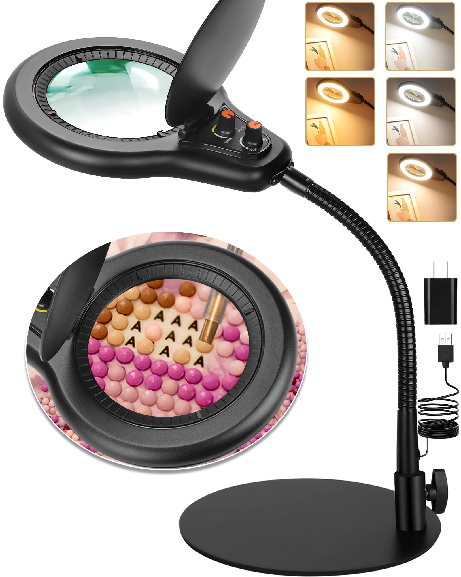 Jeedefi 10X Magnifying Glass with Light and Stand, Flexible Gooseneck LED Lighted Desk Lamp, 2200 lumens Multiple Color Modes Stepless Dimming, Hands Free Magnifier for Craft Painting Hobby Reading