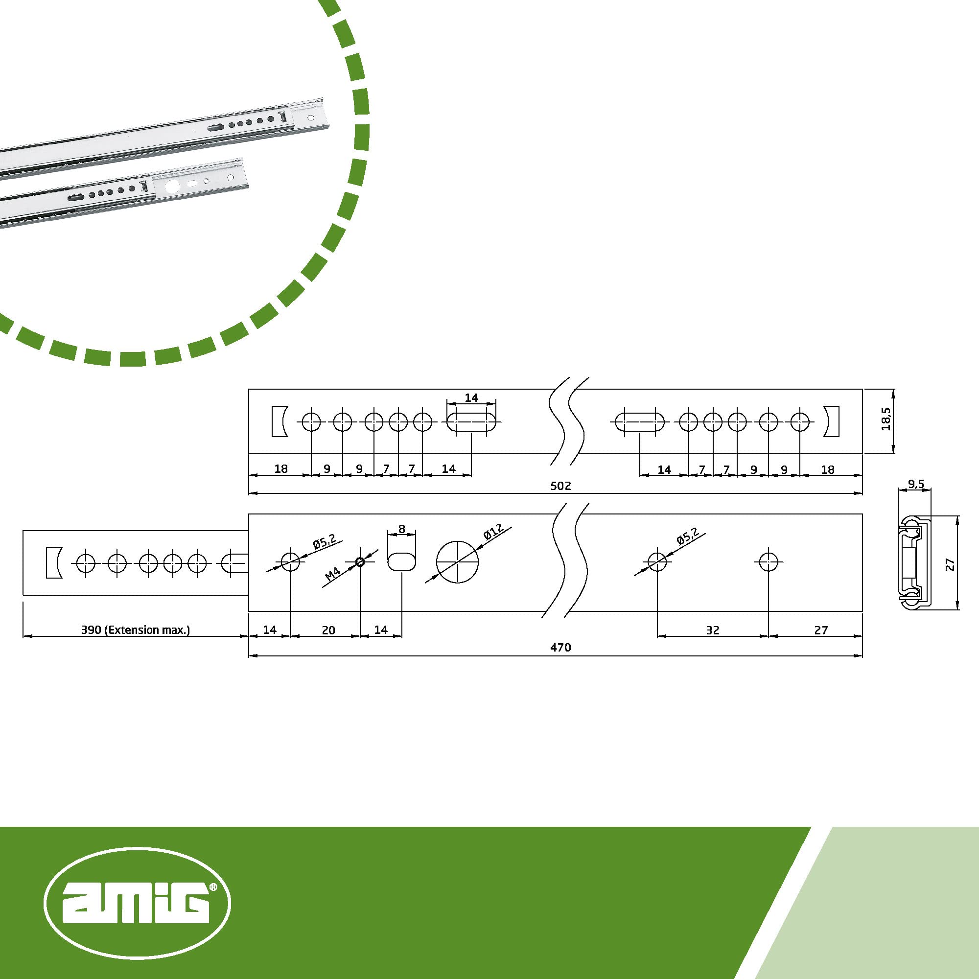 Amig - Set of 2 Galvanised Steel Sliding Rails Mod. 26 for Furniture Drawers Drawers or Cabinets, Silver, 502 x 27 mm - Image 3