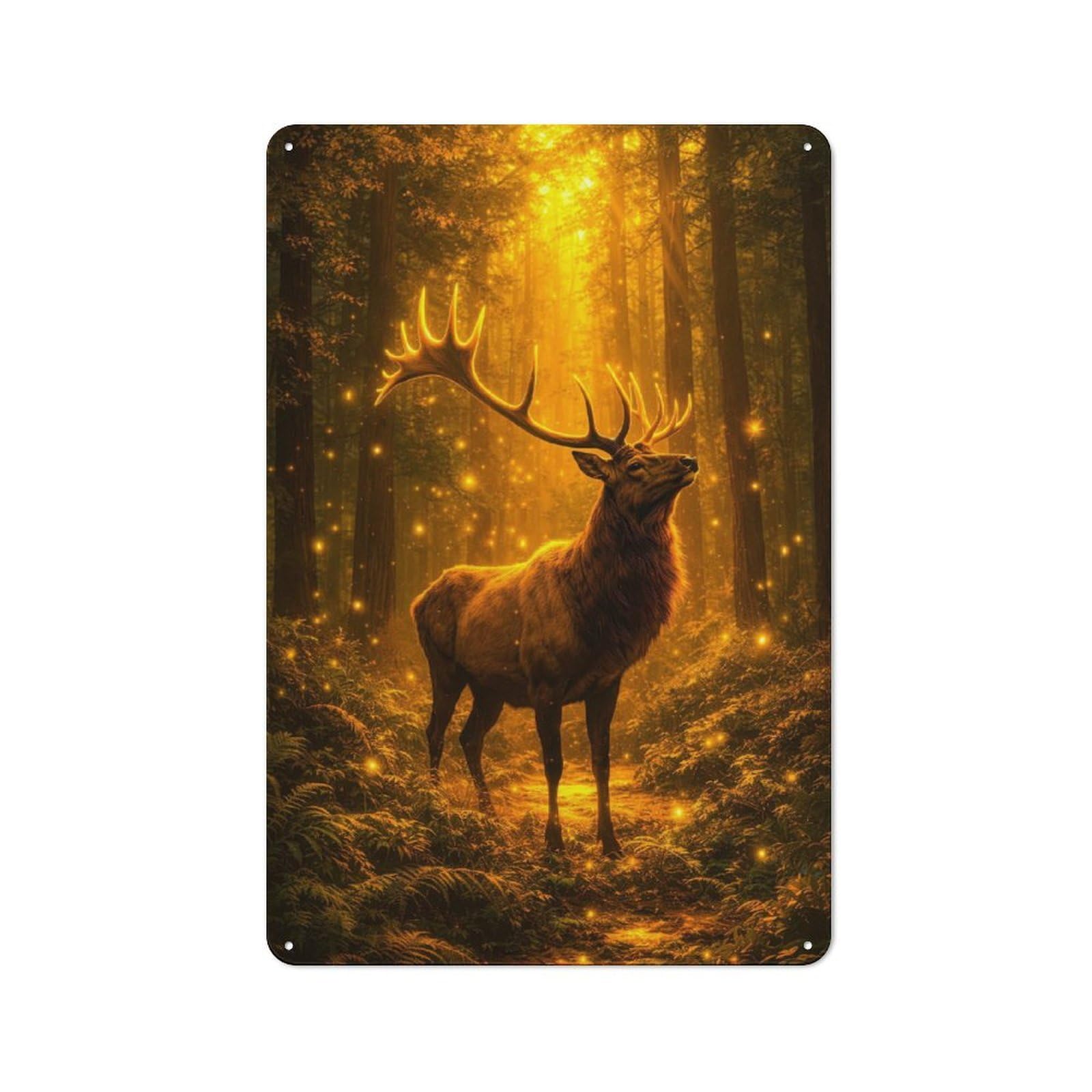 Junmoney Style-21 Majestic Elk In A Magical Forest Vintage Metal Plaque 30X20cm For Hobby Room Or Studio, Suited To Hobby Room Decor Fans