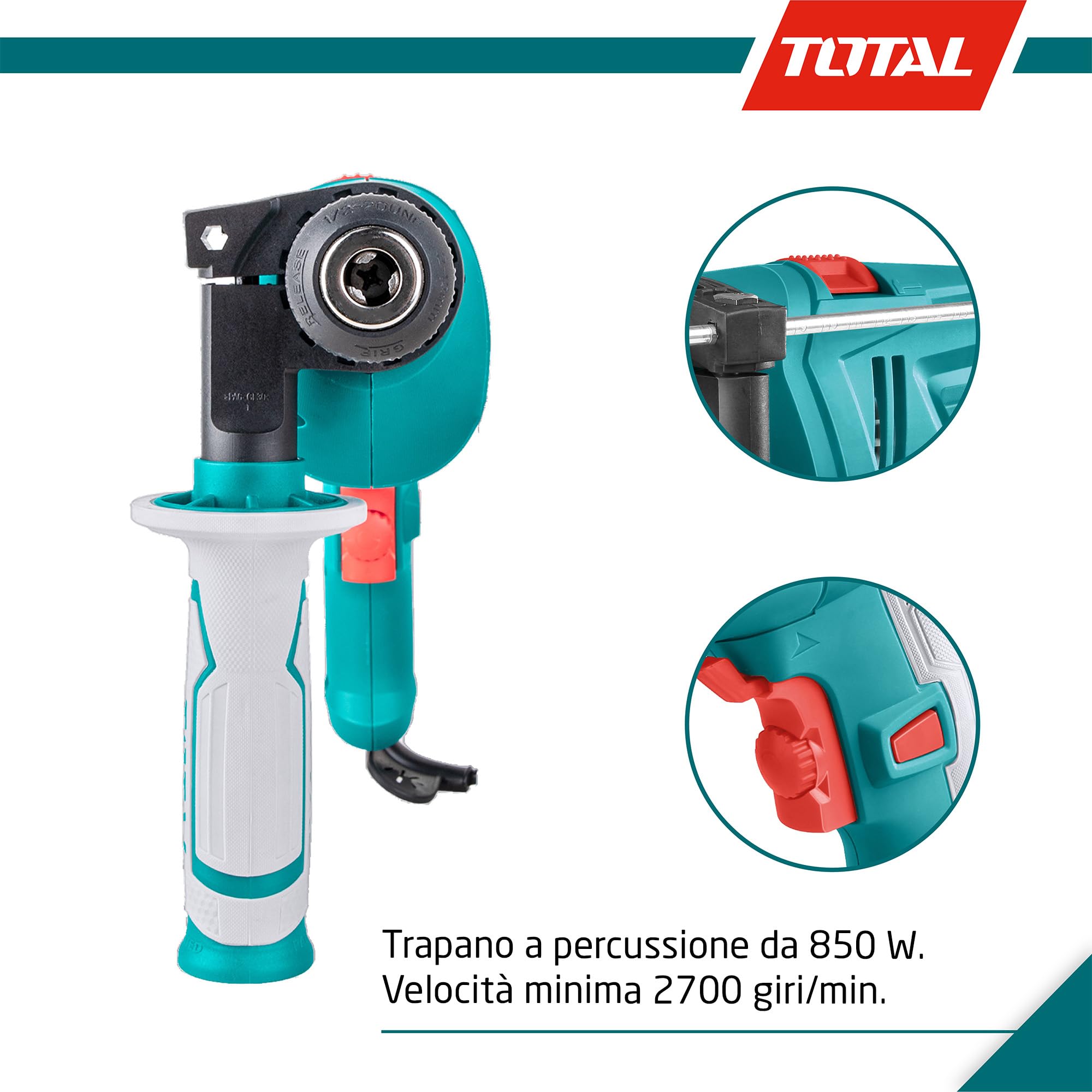 TOTAL - Trapano a percussione 850W con mandrino senza chiave da 13 mm e funzione martello per calcestruzzo