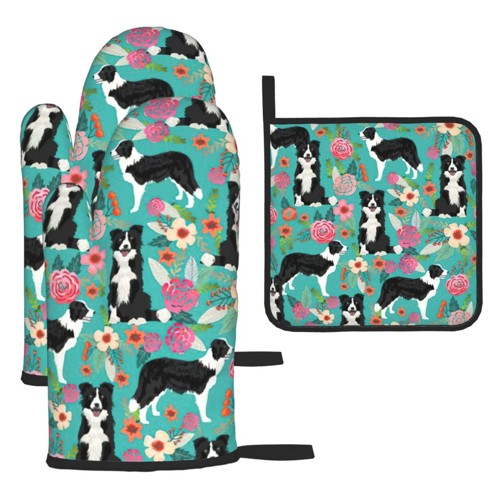 Border Collie Florals Print Oven Kitchen Gloves For Baking Outdoor Grilling Home Use Mitts Microwaving Bbq