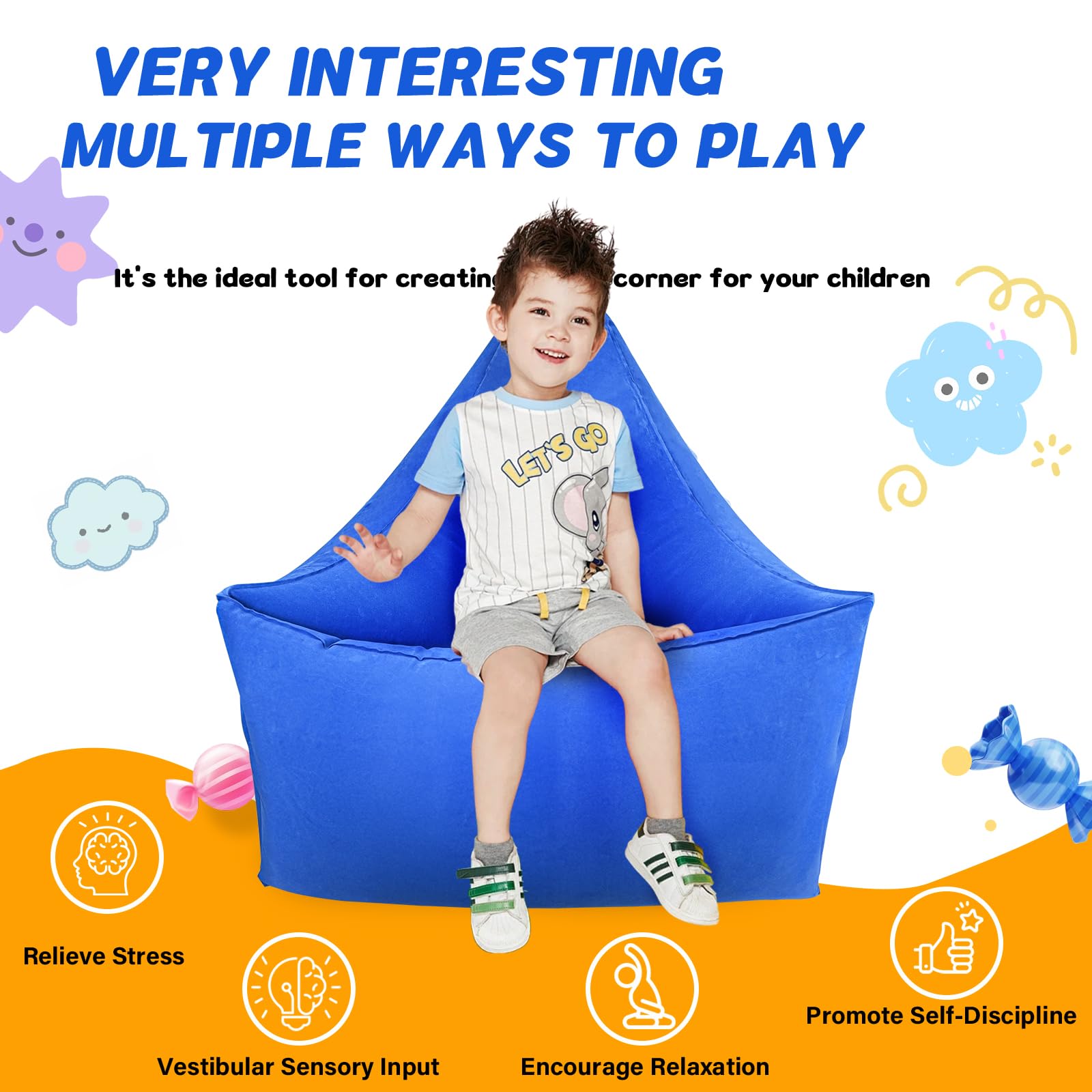 Silla sensorial para niños, silla calmante inflable para niños autistas, Peapod inflable con bomba de aire eléctrica, productos sensoriales para autismo, adecuada para niños con autismo y TDAH (azul