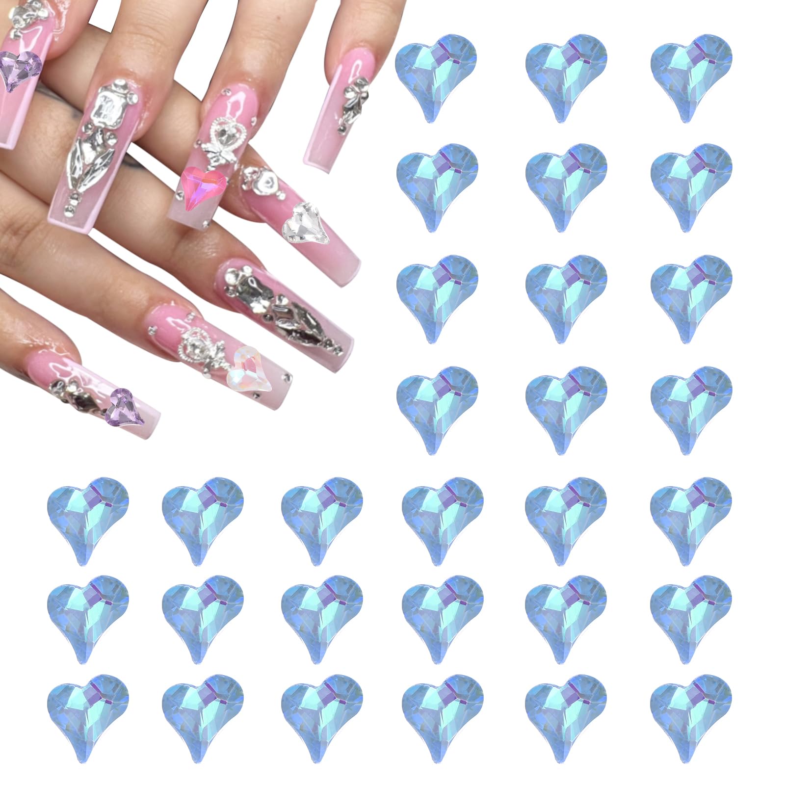 MECCANIXITY 40 Pcs 3D Heart Nail Charm Crystals Nail Gems 8x9mm Crooked Heart-Shape Art Rhinestone Charm for Valentine's Day DIY Decoration, Rich Blue