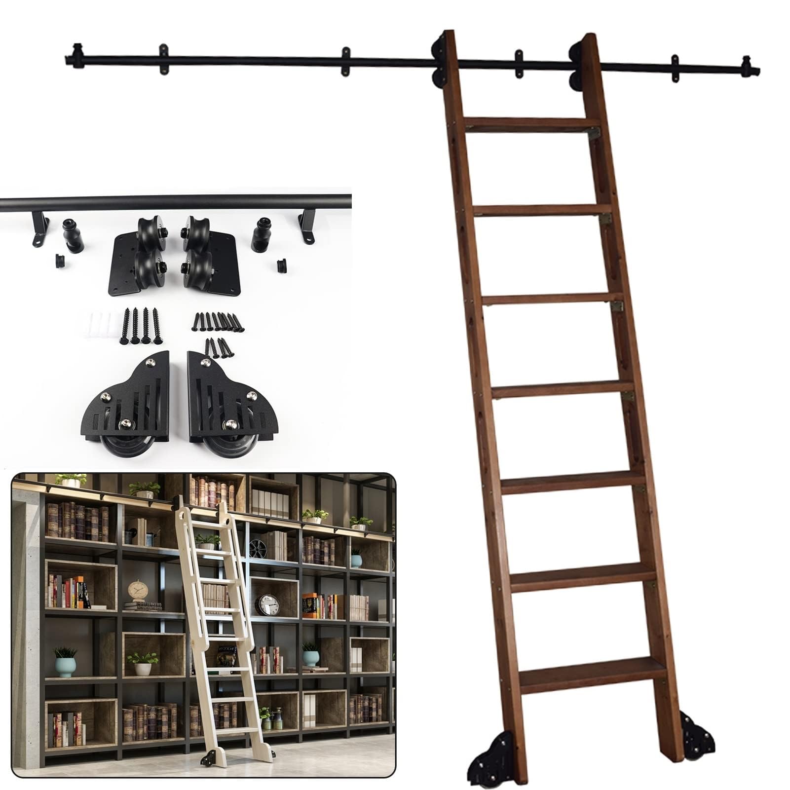 Kit de herrajes para puerta corredera con ruedas y riel redondo de acero negro resistente
