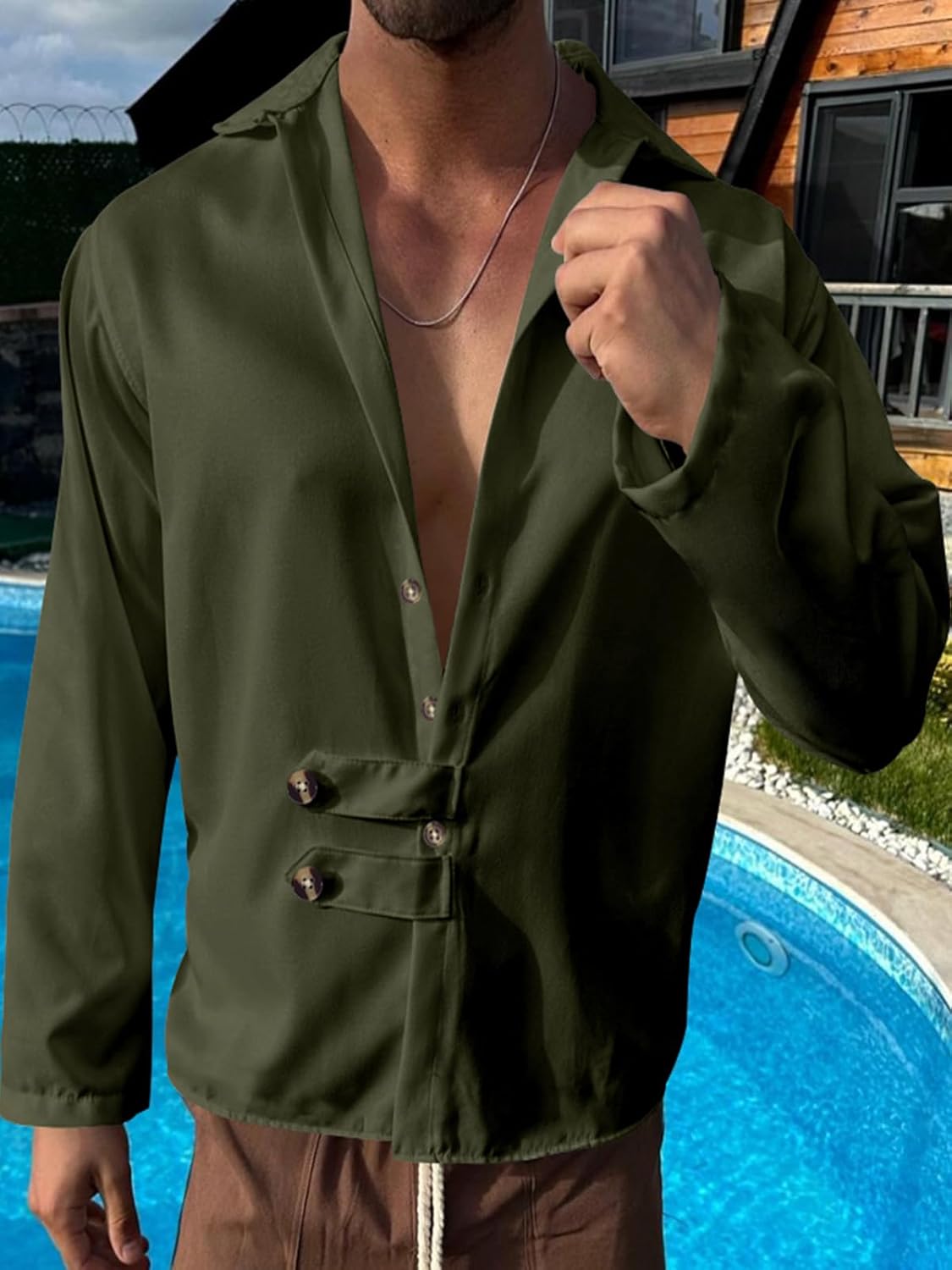 Mens Long Sleeve Shirts Casual Button Down Shirt Men Band Collar Slim Fit Linen Dress Shirts - Image 2