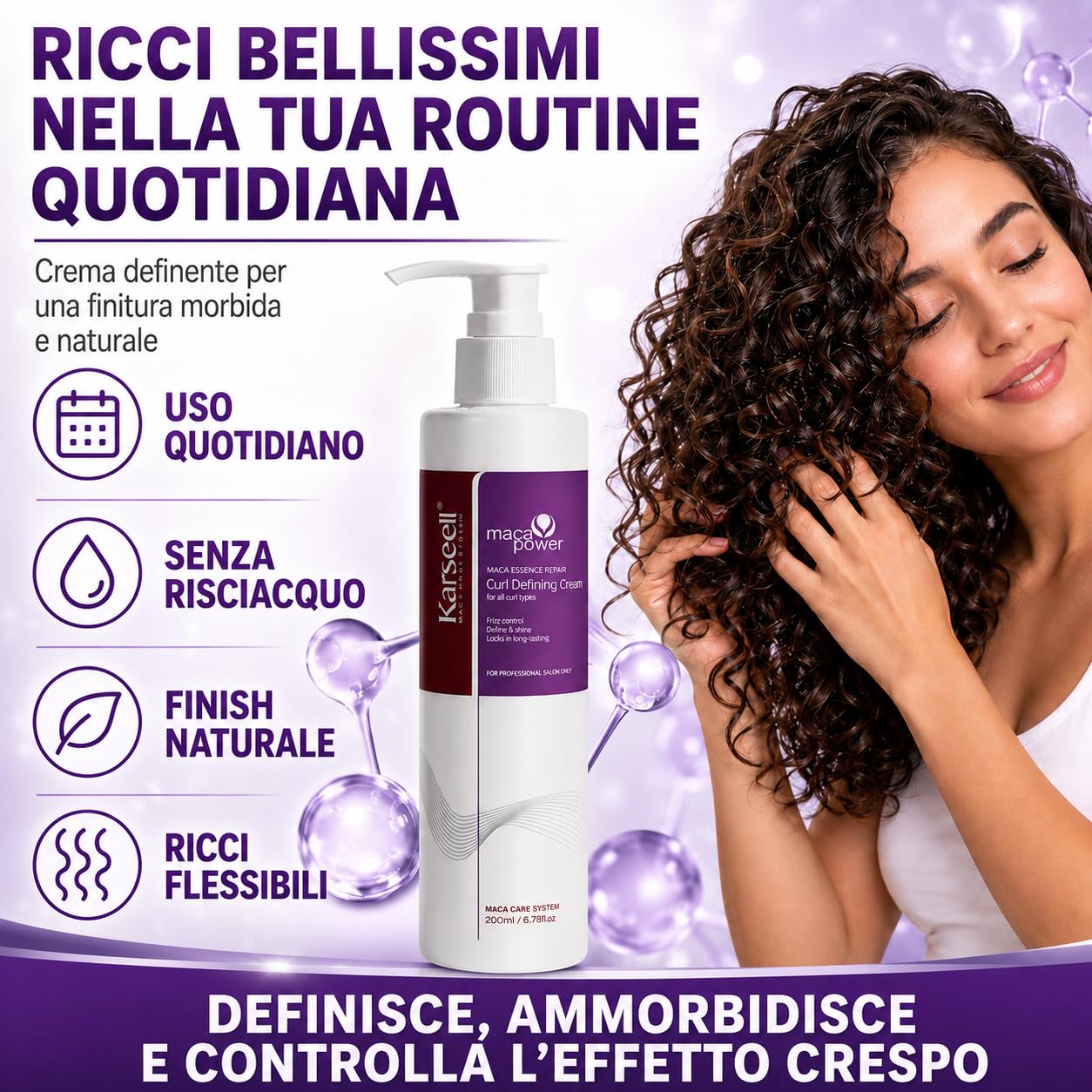 Karseell MACA CARE SYSTEM Crema Definizione Ricci Ravviva Boccoli Trattamento Idratante Riparatore Capelli Mossi Anticrespo Nutrizione Profonda Cheratina Olio Argan Oliva Mandorle Professionale 200ml
