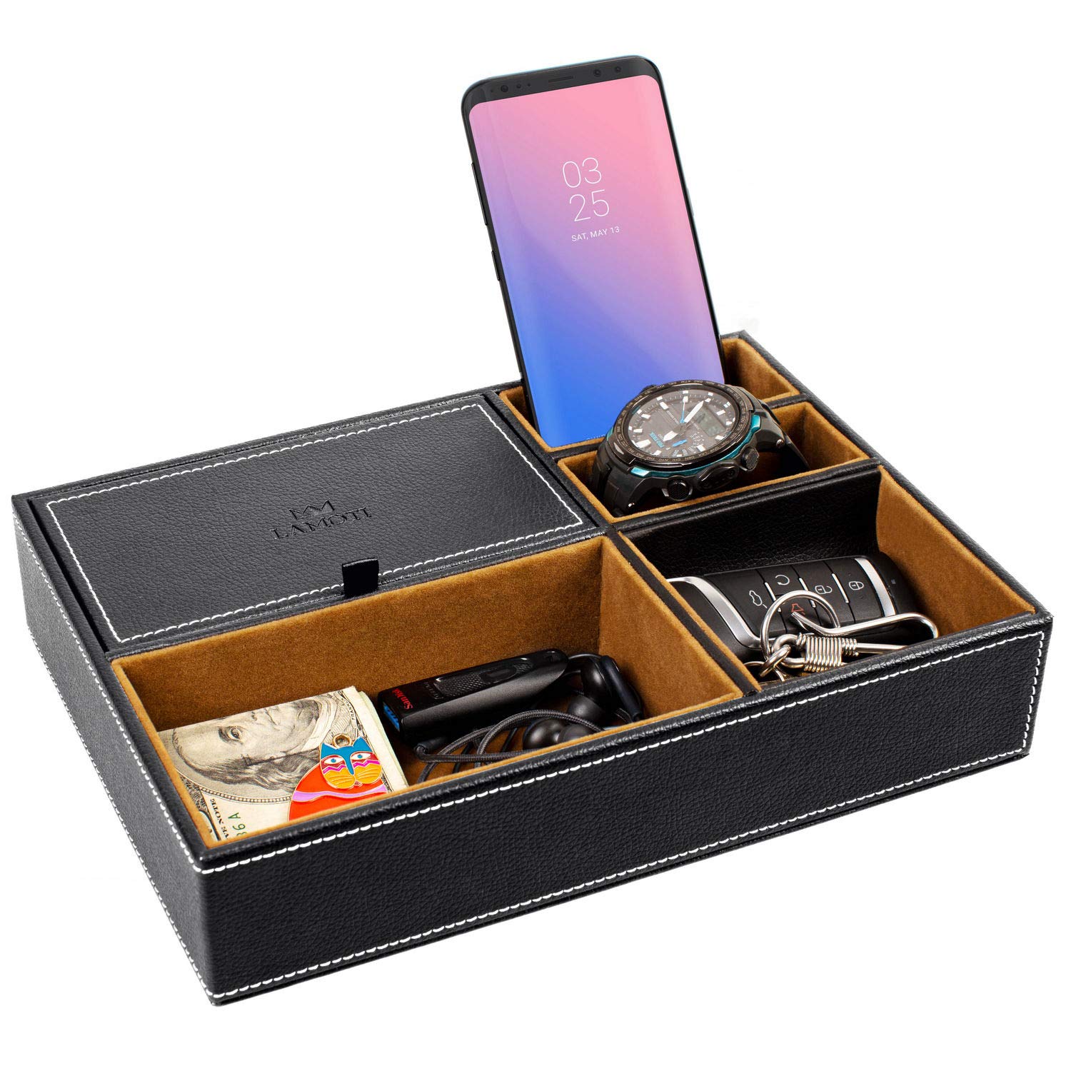 Leather Valet Tray, 5 Compartments Nightstand Organizer - 4 Open and 1 with Flap Closure, Handcrafted (Black)