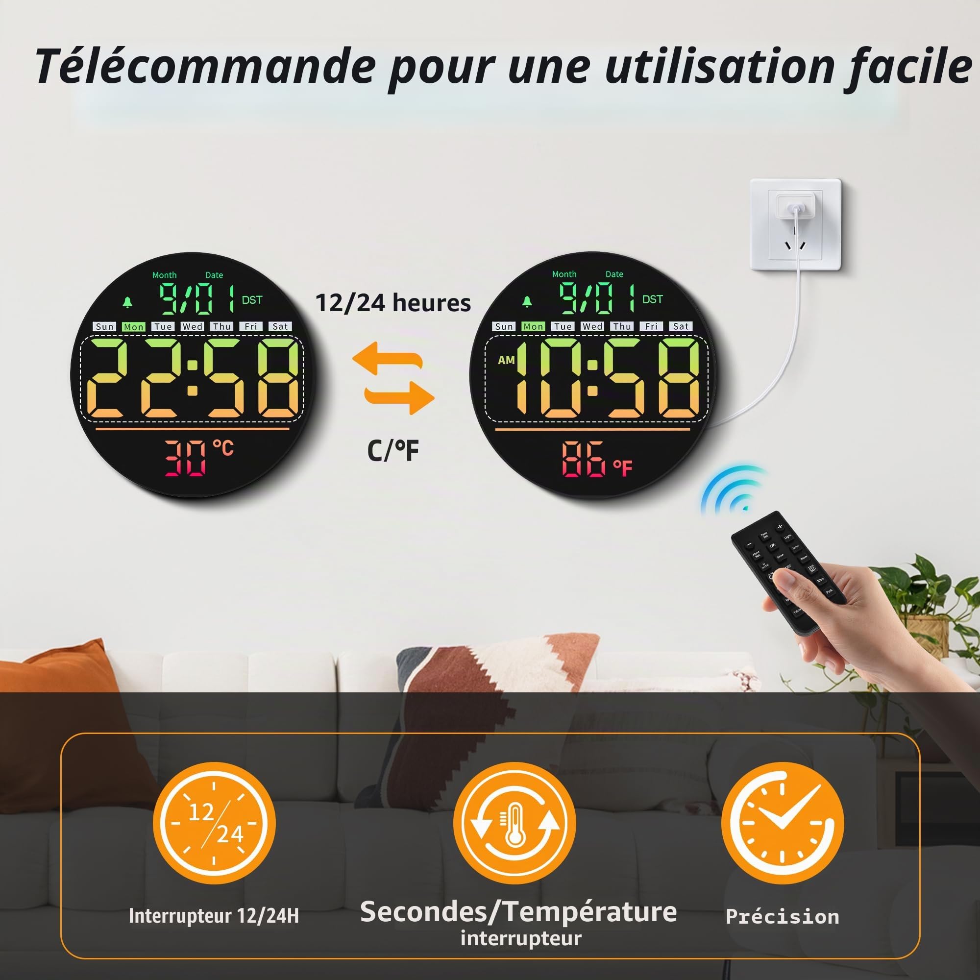 Maxstar Horloge Murale Numérique 8" LED avec Alarme, RGB, Température, Date