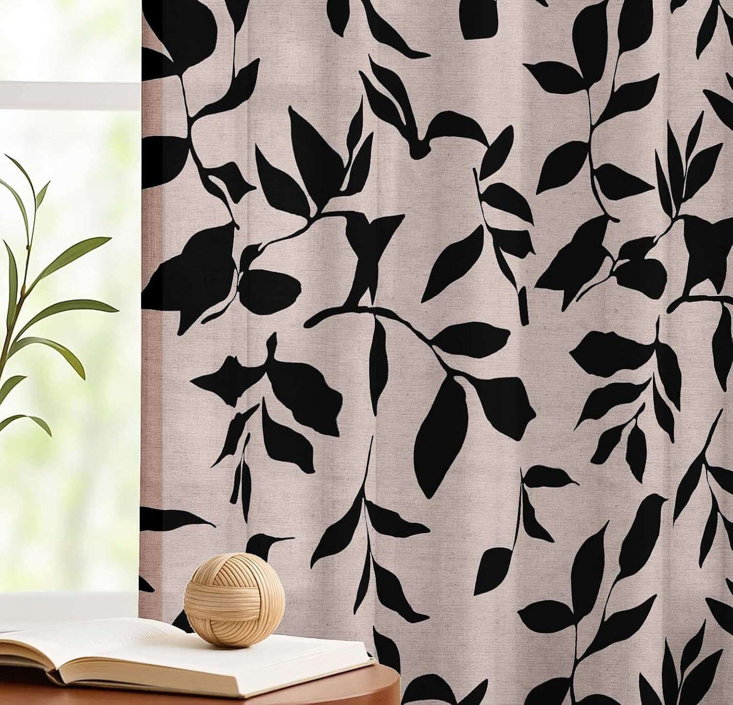 Cotton Curtains for Windows - 3-in-1 Rod Pocket/Back Tab Short Window Drapes - Light Filtering Cotton Canvas Panels - Set of 2, 52"x63" - Leaves Print (White)