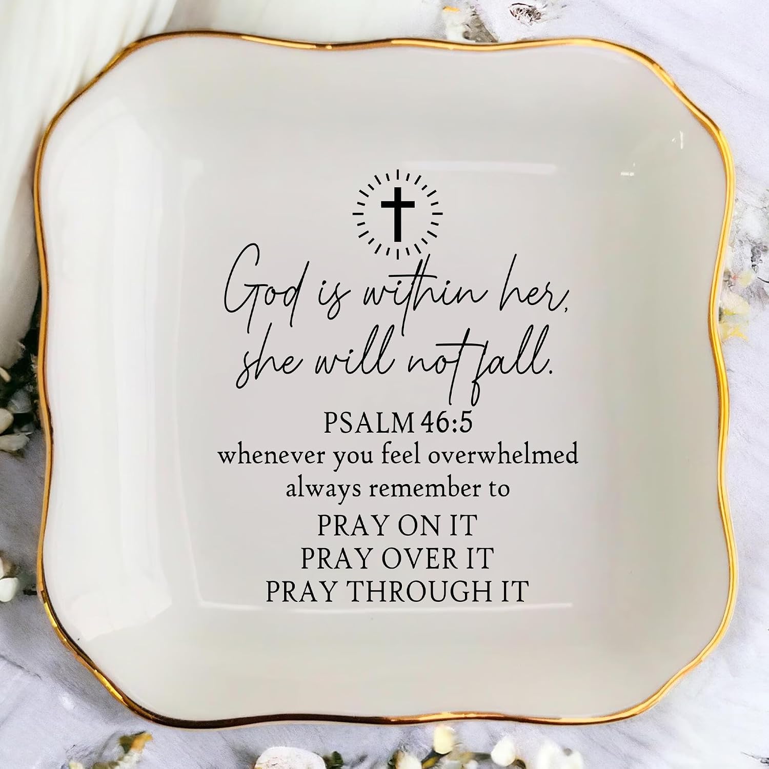 Christian Jewelry Dish, Psalm 46:5 Ring Dish, God Is Within Her She Will Not Fall Ceramic Trinket Tray, Christian Jewelry Dish for Women, Faith Based Gift, Religious Ring Holder