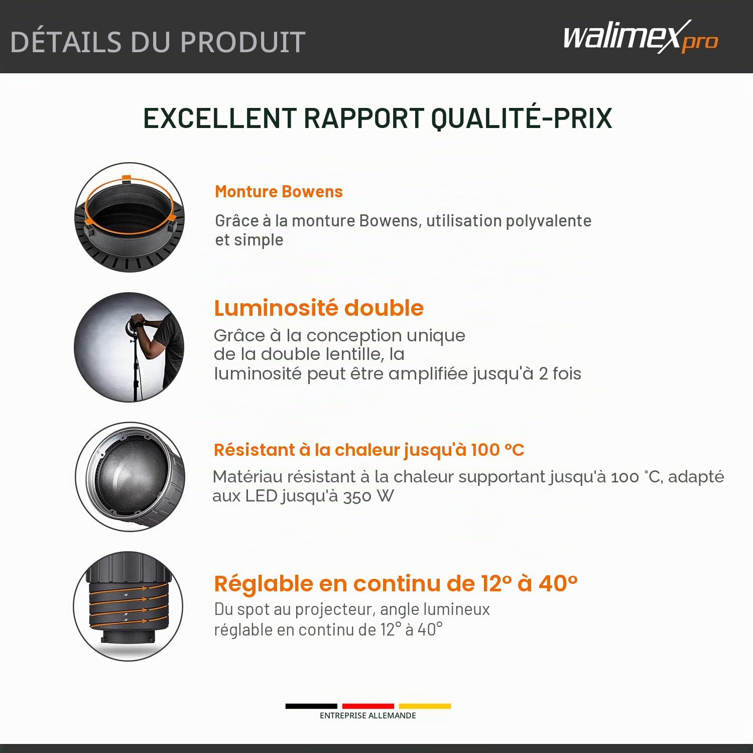 Walimex pro Lot de 2 Spots Zoom Bowens Mount - Spot réglable en continu de 12° à 40° - pour LED jusqu'à 350 W - Résistant à la Chaleur jusqu'à 100 °C - Compatible avec Les connecteurs Bowens/Walimex