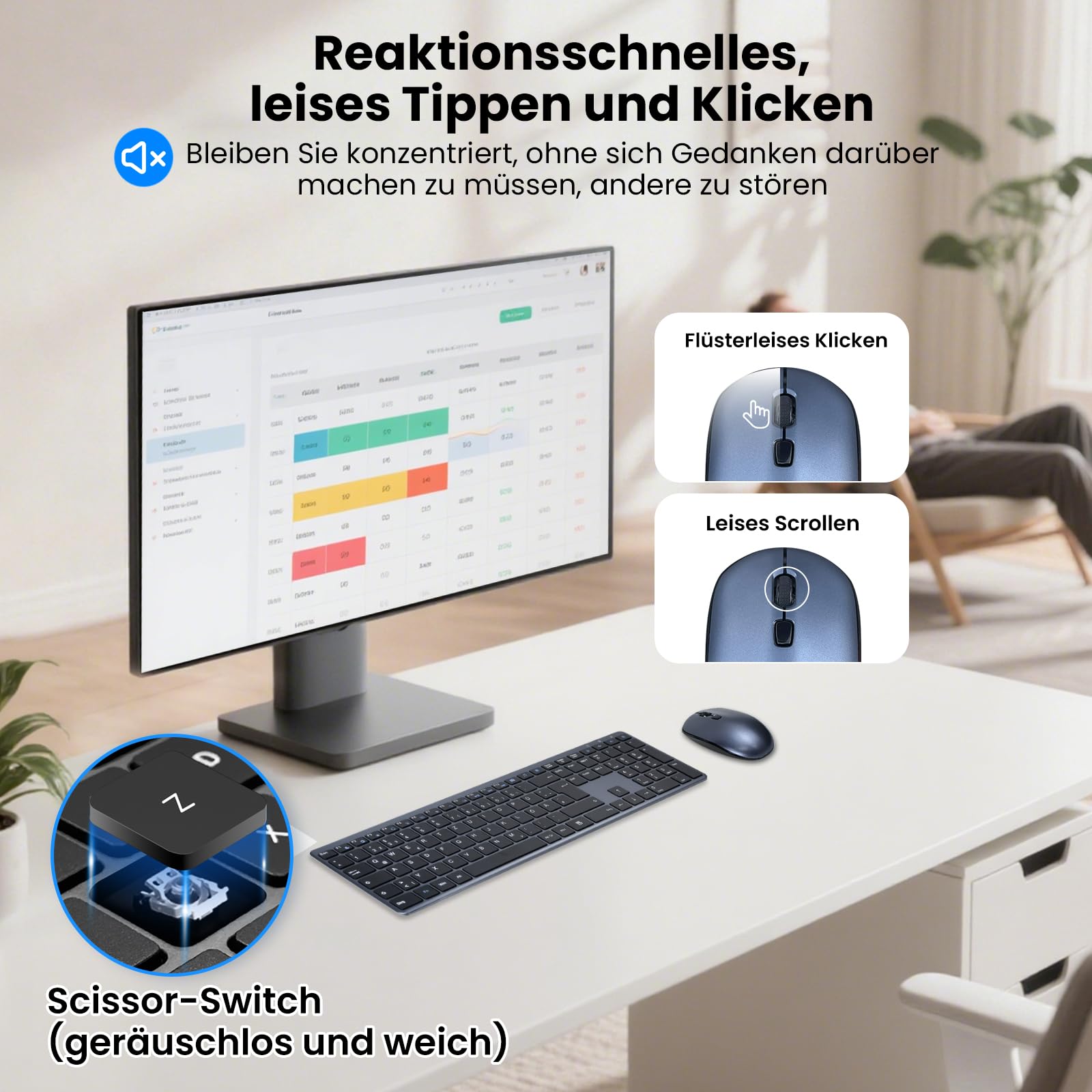 INFINMIND Tastatur Maus Set Kabellos, Deutsches QWERTZ Layout Funktastatur mit Maus, 19 Multimedia Shortcut-Tasten mit leiser, 2,4-GHz-USB-Flachen Tastatur für Laptops, Smart-TVs, MAC und Windows