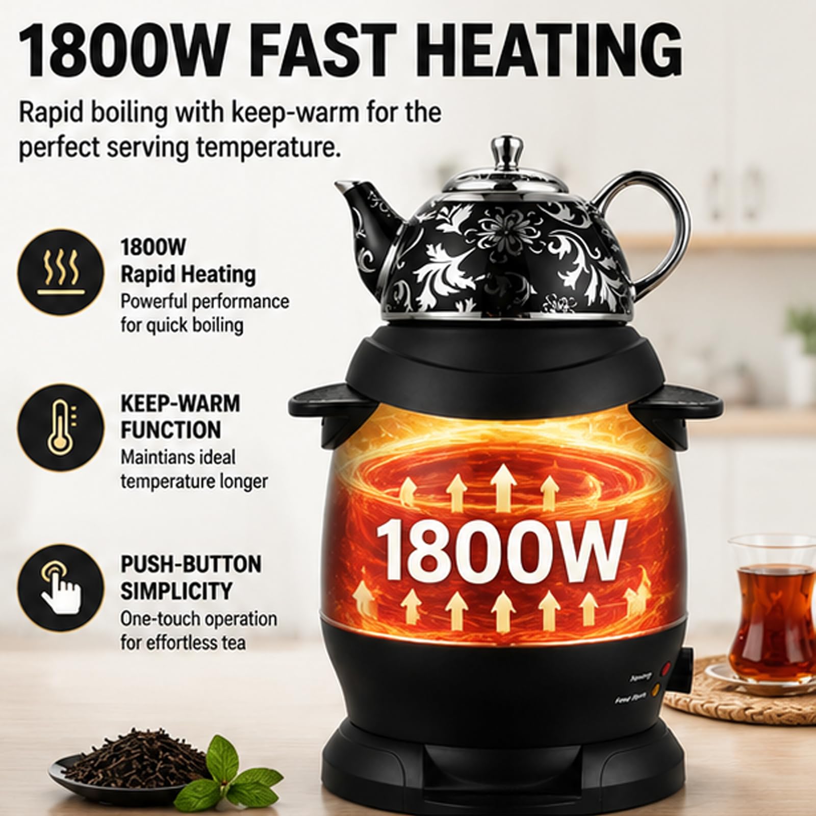Elektryczny zestaw do parzenia herbaty tureckiej o mocy 1800 W Samowar, czajnik ze stali nierdzewnej 5 l i dzbanek ceramiczny o pojemności 1 l, funkcja utrzymywania ciepła, do herbaty pachnącej kawą