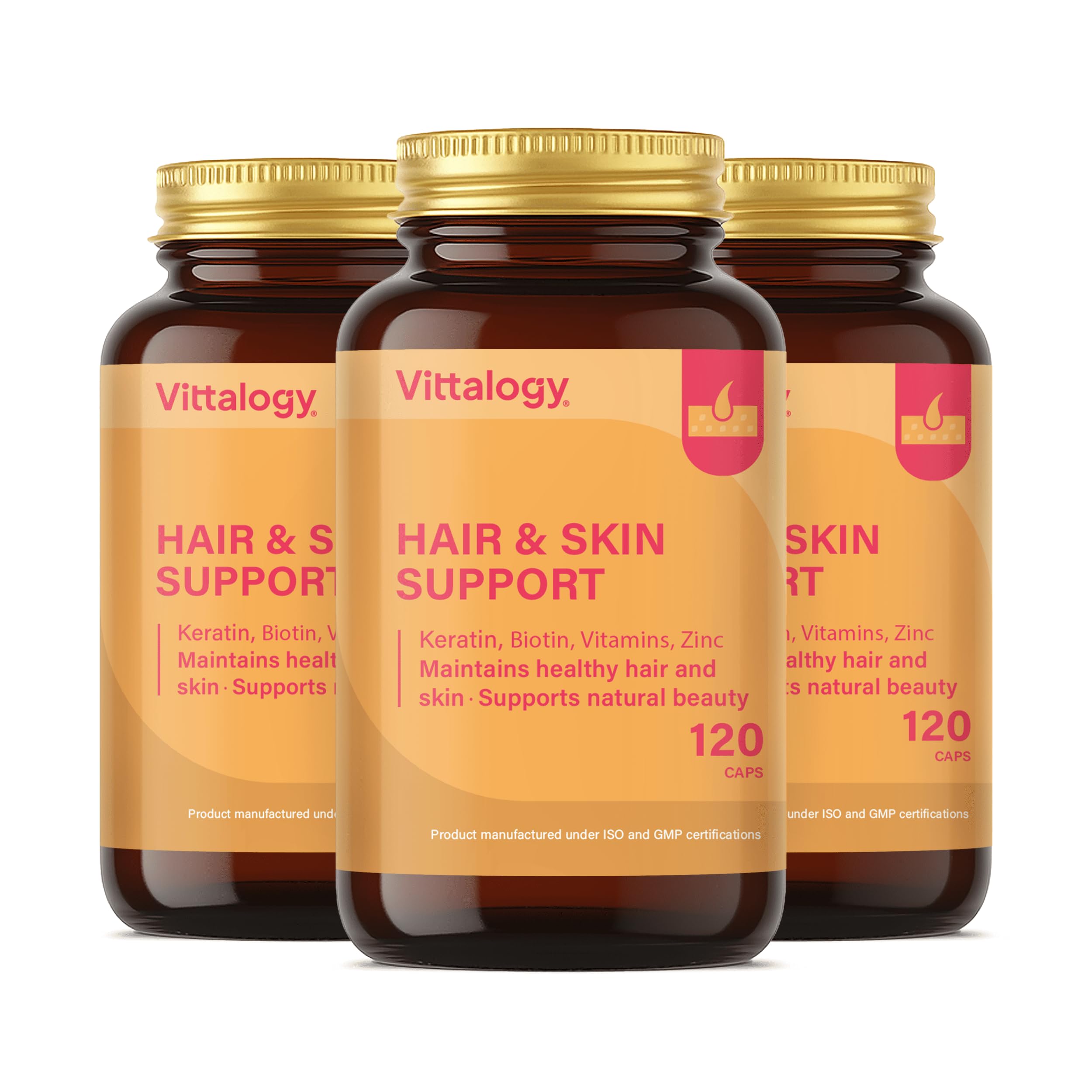 Hair & Skin Support Complemento Alimenticio de Vitaminas, Biotina, Queratina y Zinc para Fortalecer Pelo, Piel y Uñas. Suplemento Natural Contra Caida Cabello de Mujer y Hombre. 360 Cápsulas