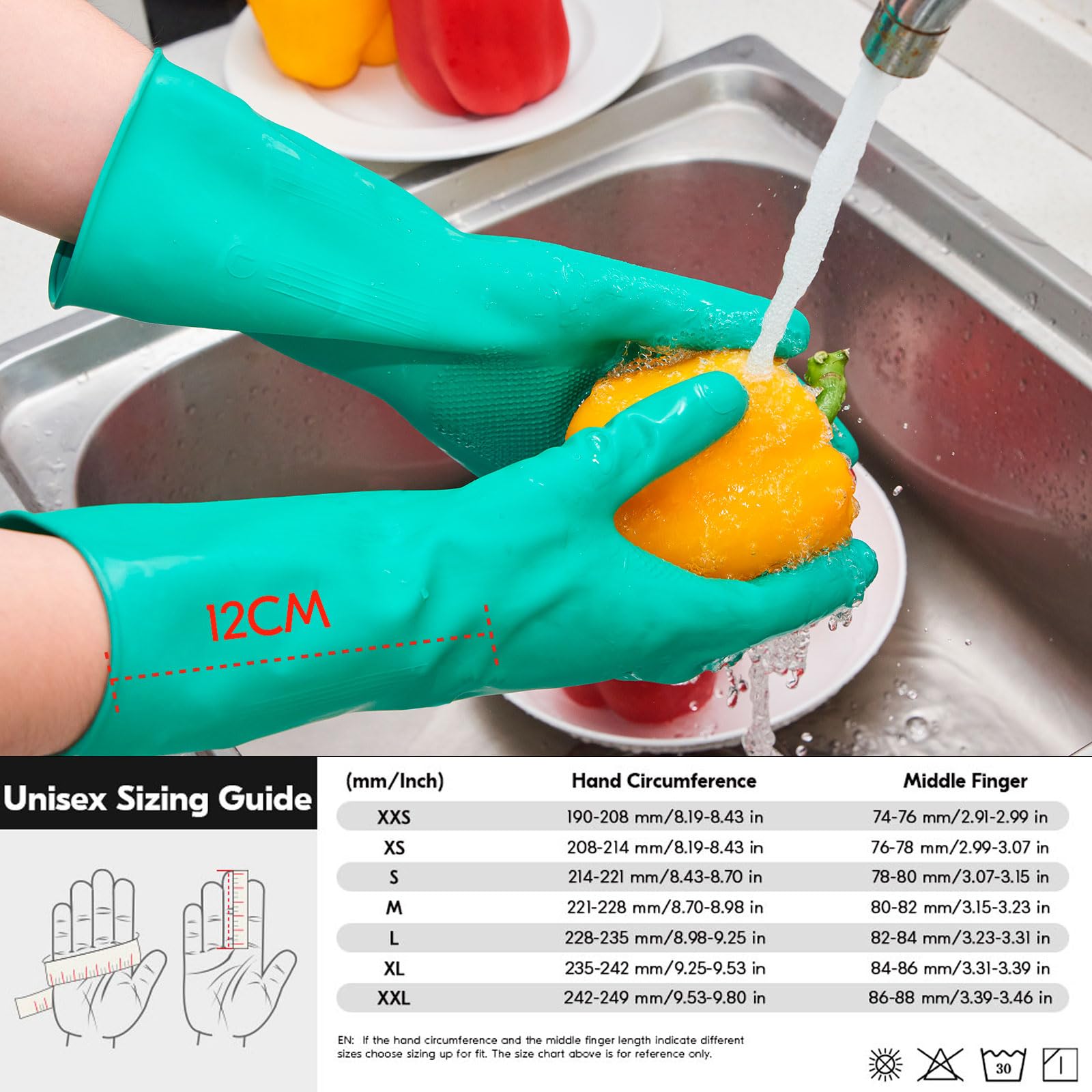 Vgo... Reusable Household Gloves, Dishwashing gloves, Extra Thick, Long Sleeves, Kitchen Cleaning/Painting/Gardening/Pet Care — view 6