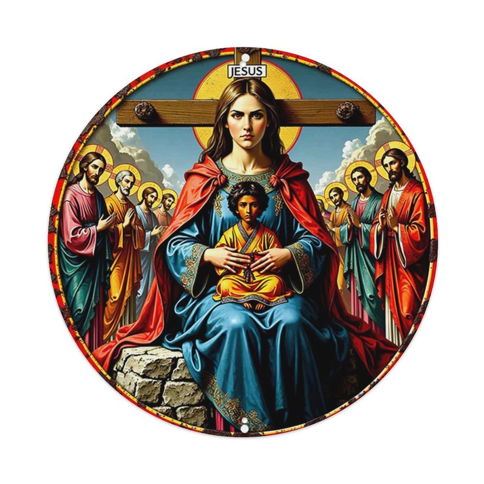 Jesus Christ Mother Child Saints Round Metal Tin Sign Vintage Wall Decor, Bar Garage Cafe Kitchen Home Wall Art Poster 8x8inches