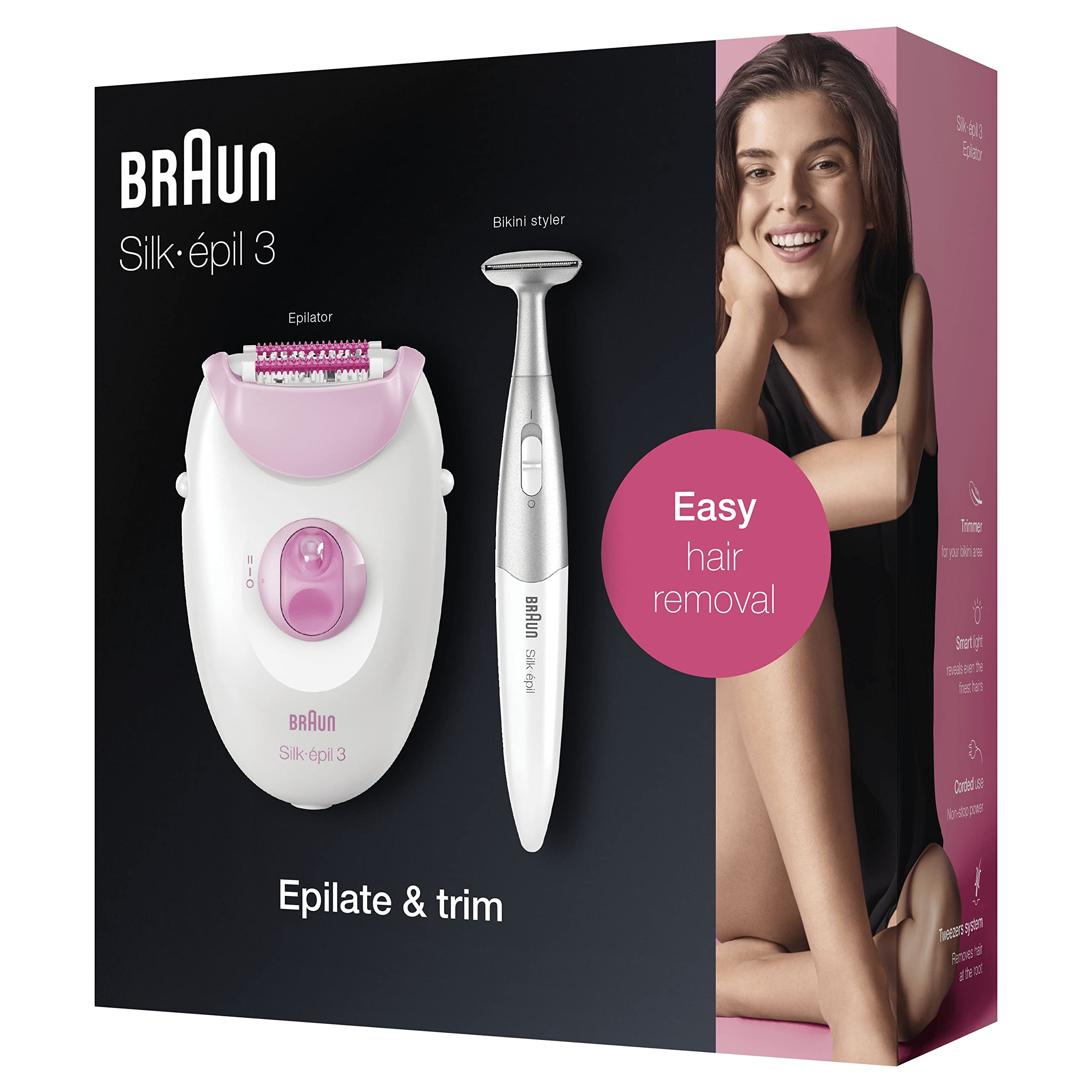 Braun Silk-épil 3 Depilatore Donna, Epilatore Elettrico Donna Rimozione Dei Peli Duratura, Rasoio Donna Sistema Con 20 Pinzette, Luce Smartlight, Rifinitore Bikini Styler, 3-321 Bianco e Rosa
