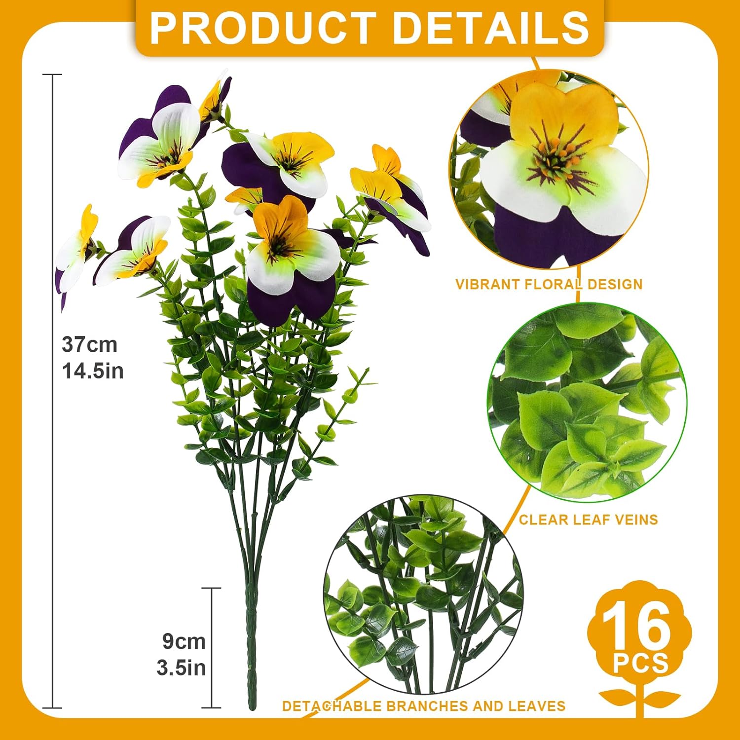 lovemoon 16 Pcs Artificial Pansy Flowers for Outdoor Faux Silk Spring Flowers for Outside, Realistic Pansies for Window Box, Planter, Front Door, Porch and Garden Home Decor(16, Yellow,White,Purple)