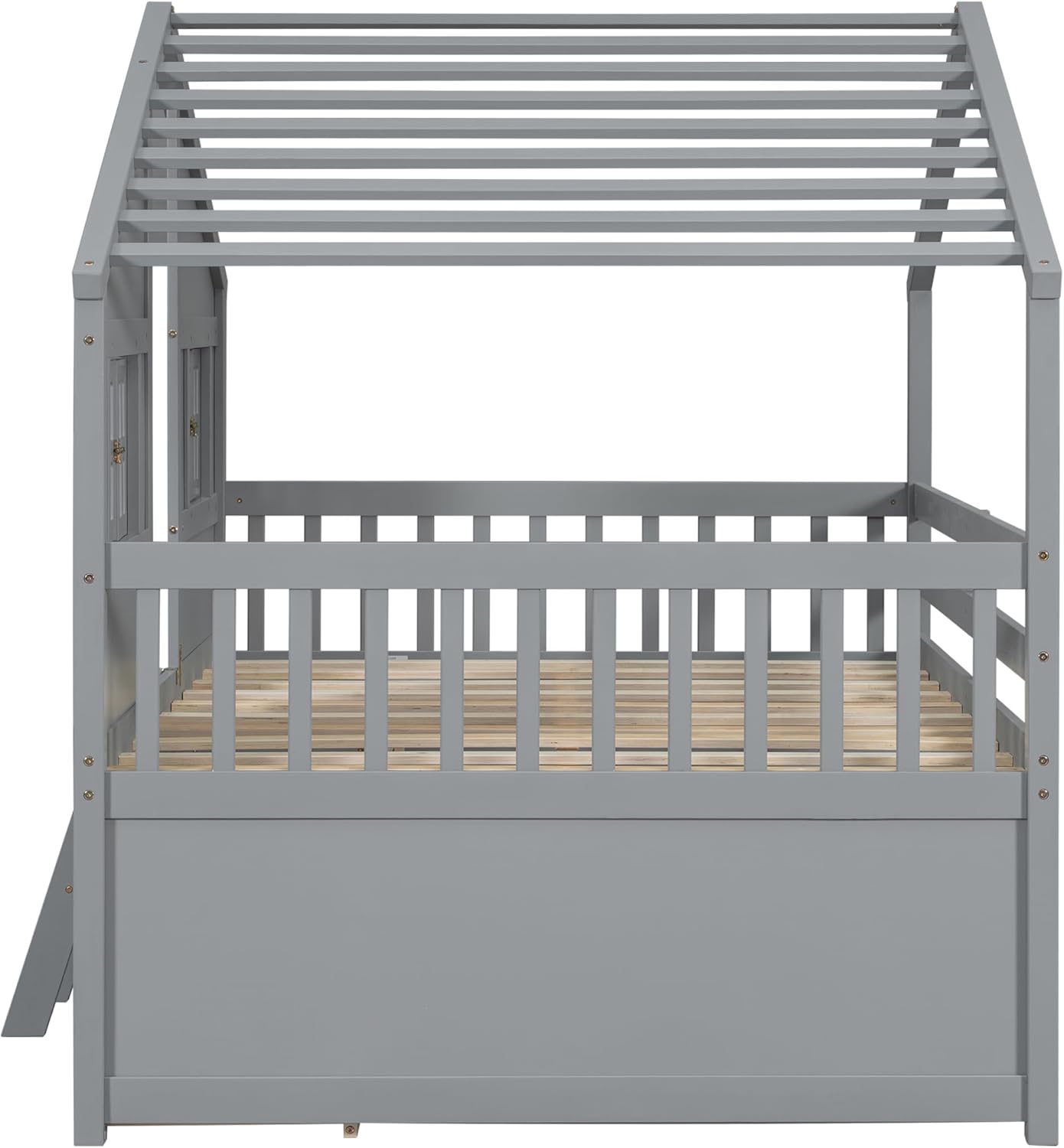 Full Size Loft Bed with Storage Drawers & Roof,Kids House Bed Frame with Windows & Safety Guardrails for Kids,Girls,Boys,Grey