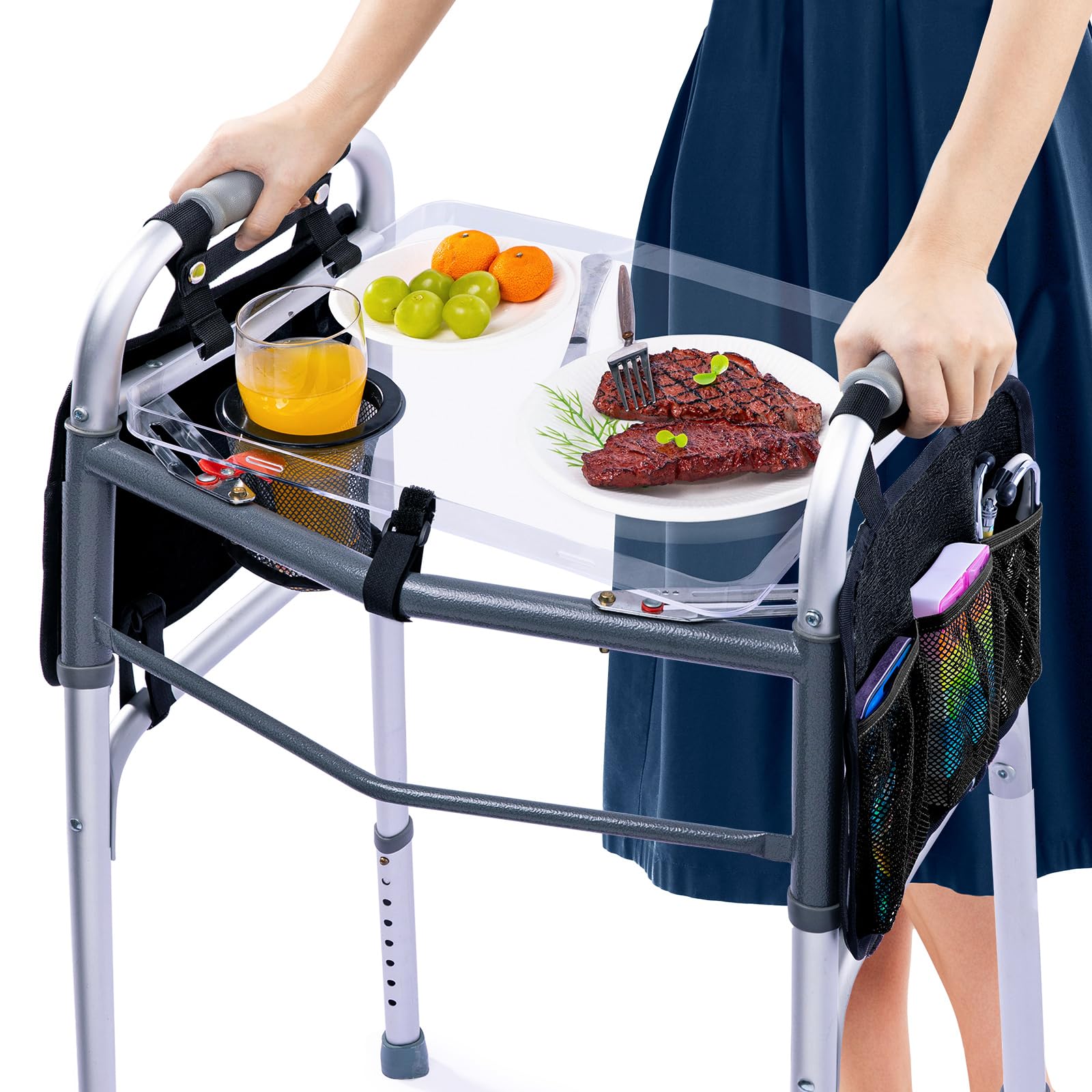 Clear View Walker Tray with Cup Holder & Side Pockets, Transparent Folding Walker Table for Seniors, 8.8lbs Load-Bearing Sturdy PP Tray, Universal Fit Walker Accessory for Elderly