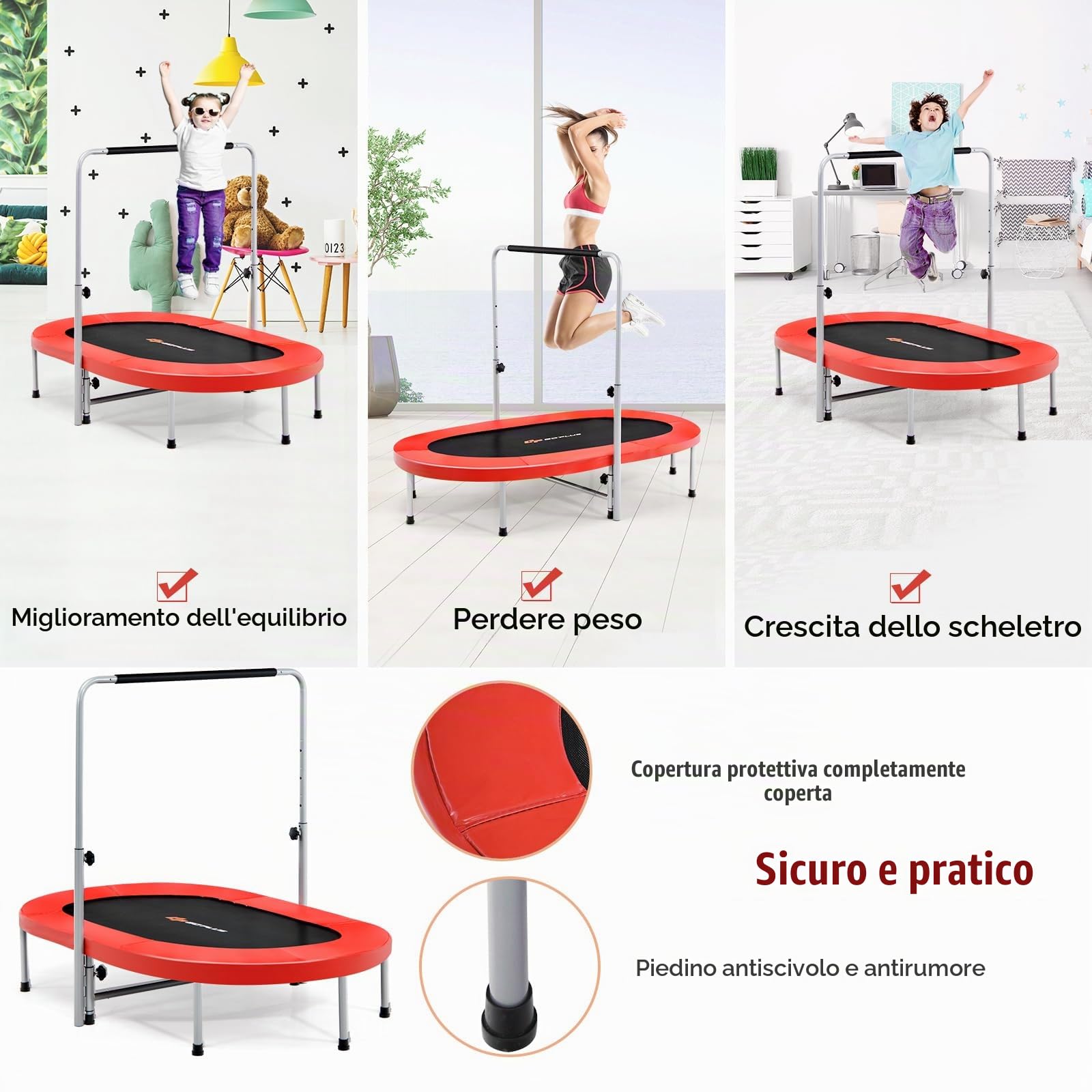 KOMFOTTEU Trampolino doppio per bambini, 154 x 90 cm (L x L), Trampolino per fitness pieghevole, maniglia regolabile, rimbalzo ovale per bambini e adulti, portata massima di 150 kg