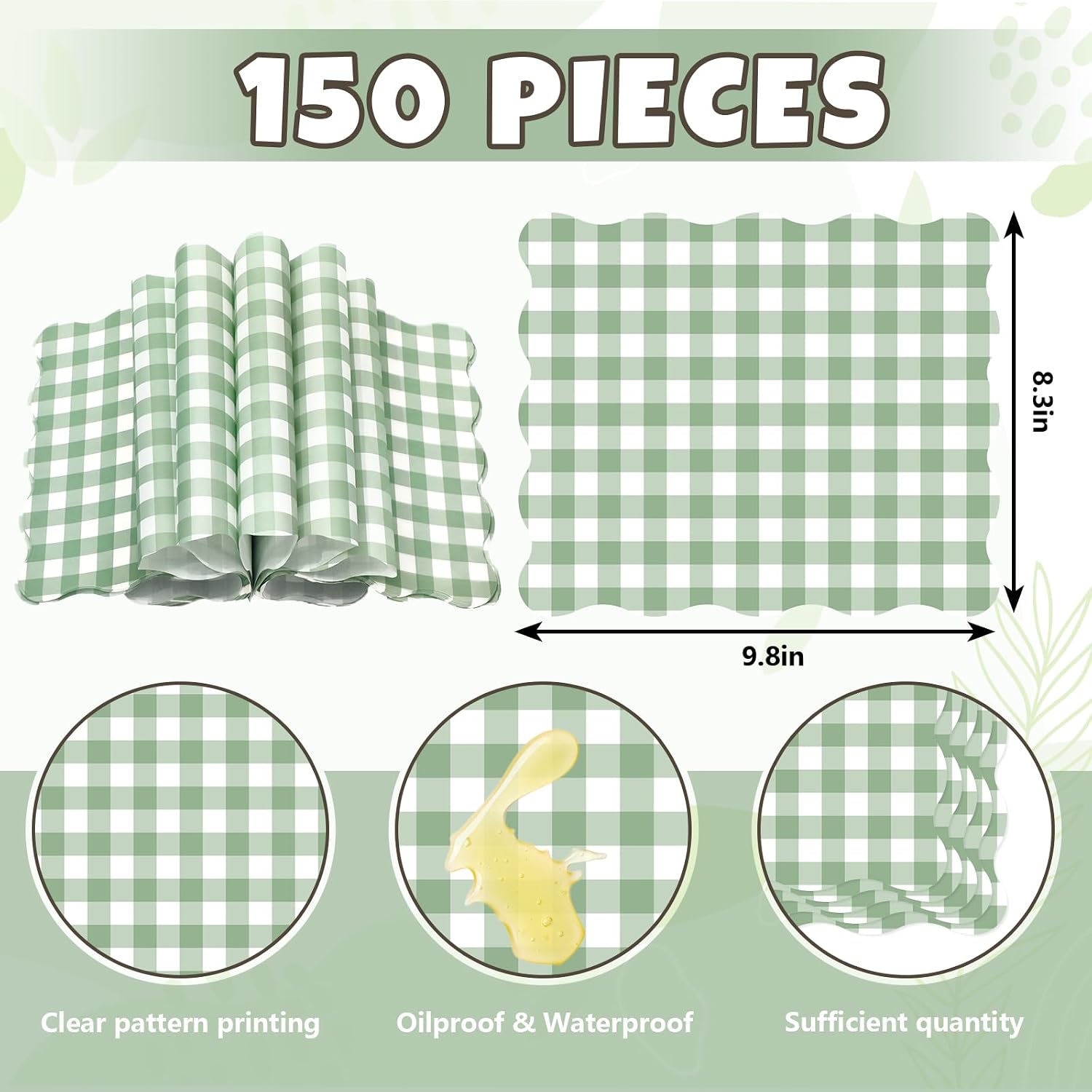 Whaline 150Pcs Sage Green Scalloped Wax Paper 9.8 x 8.3'' Green White Gingham Plaids Food Basket Liners Waterproof Oil-Proof Sandwich Wrap Tissue Deli Paper for Wedding Kitchen Holiday
