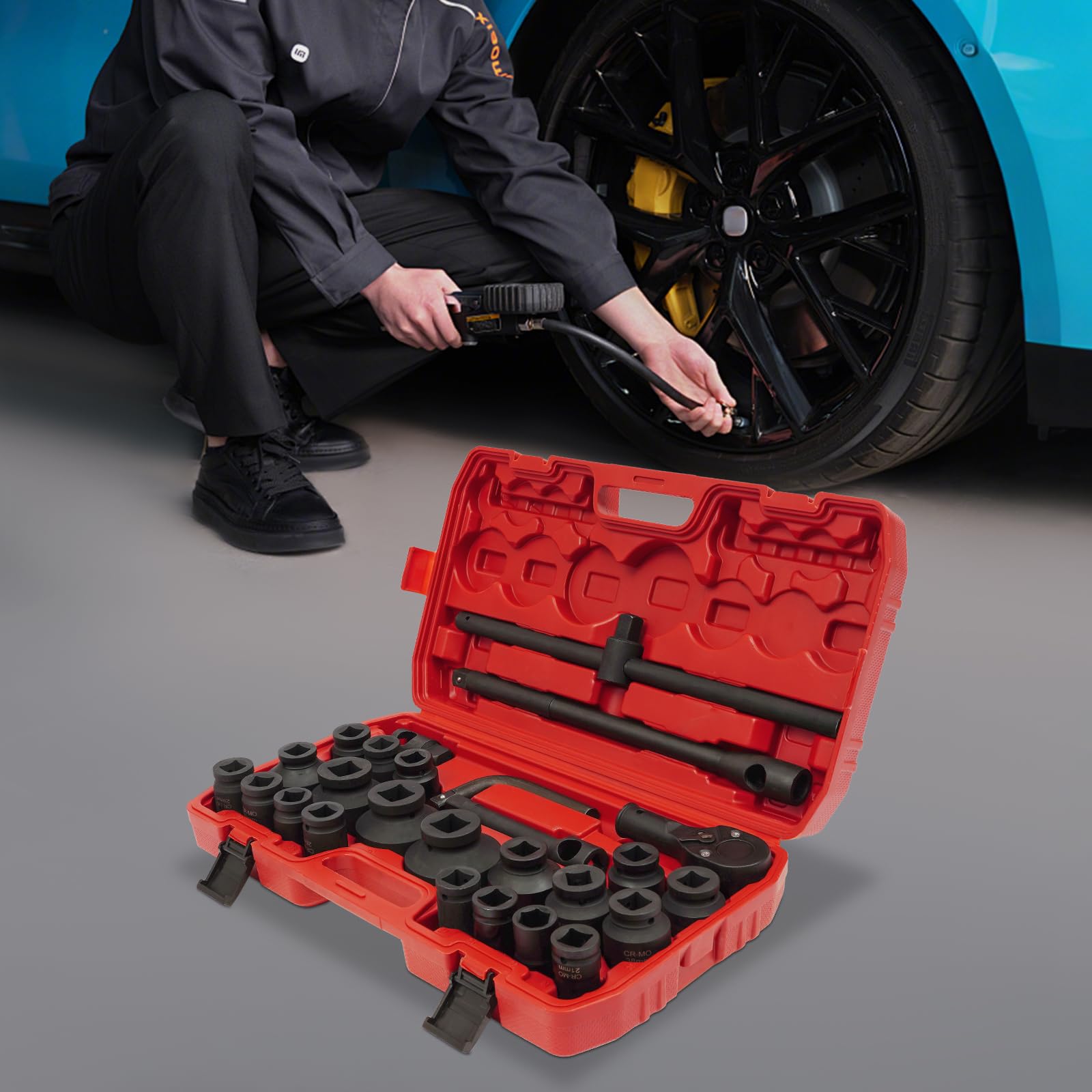 Set di 26 boccole a cricchetto, per auto e furgoni, 21 – 65 mm, con cricchetto reversibile, chiave a bussola e set di punte, per auto e furgoni, set di boccole per percussione