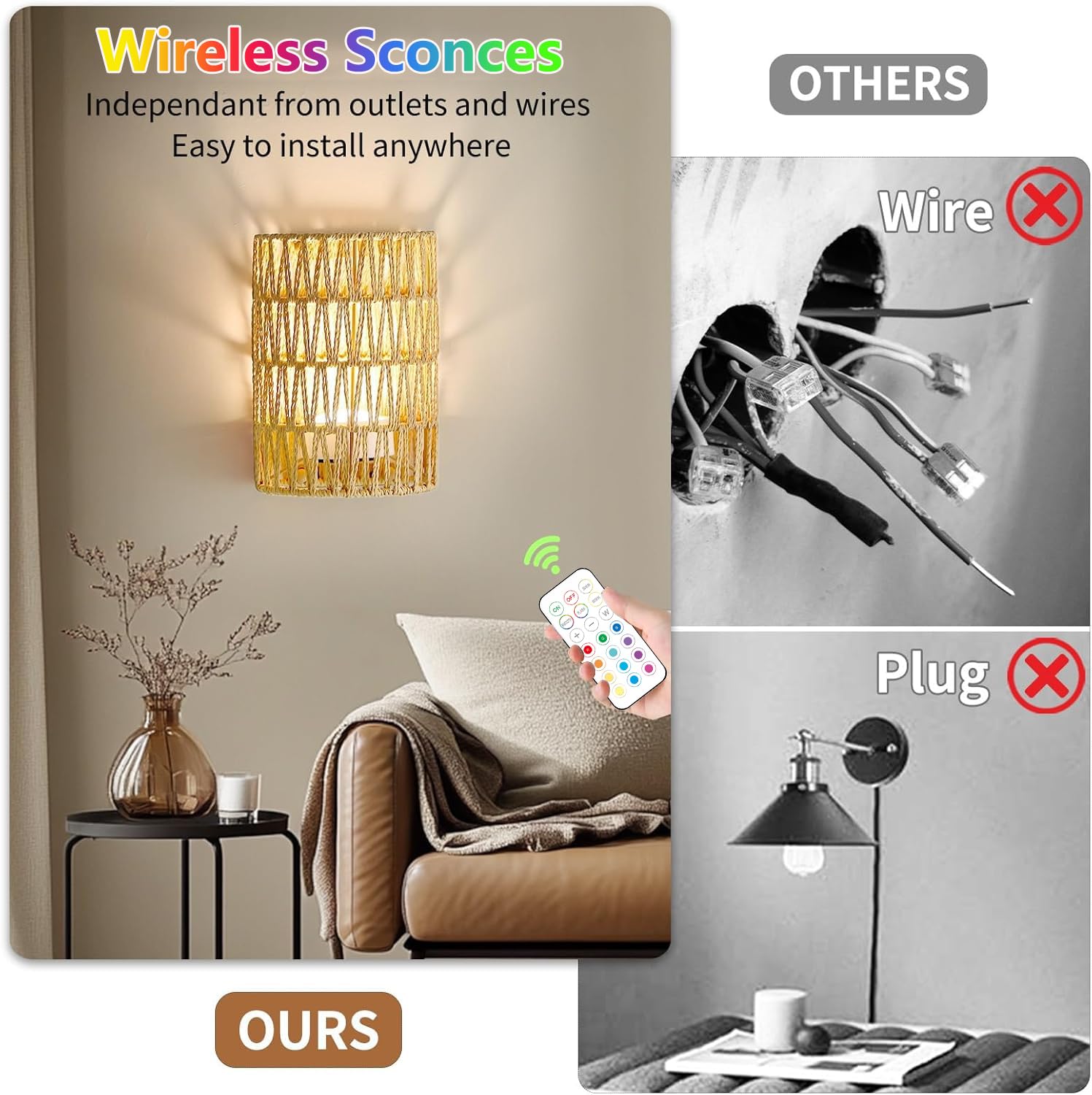 2 Stück Boho Rattan Wandlampe Innen Akku Wandleuchte Ohne Stromanschluss RGB Dimmbare Wandleuchten mit Fernbedienung Retro Nachttischlampe für Schlafzimmer Wohnzimmer Flur