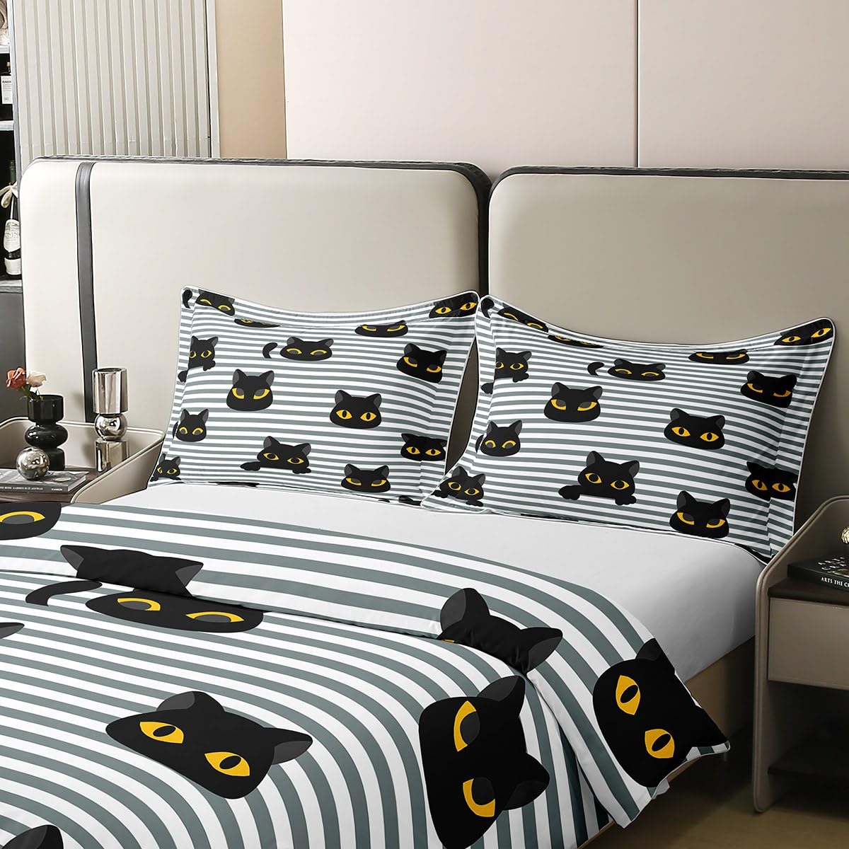 Loussiesd Kawaii Kätzchen Baumwolle Bettwäsche 135x200cm Cartoon Katze Betten Nette Linie Schöness Tier Bettbezug Colorfu Muster Weich Bettwäsche-Set Atmungsaktiv mit Reißverschluss