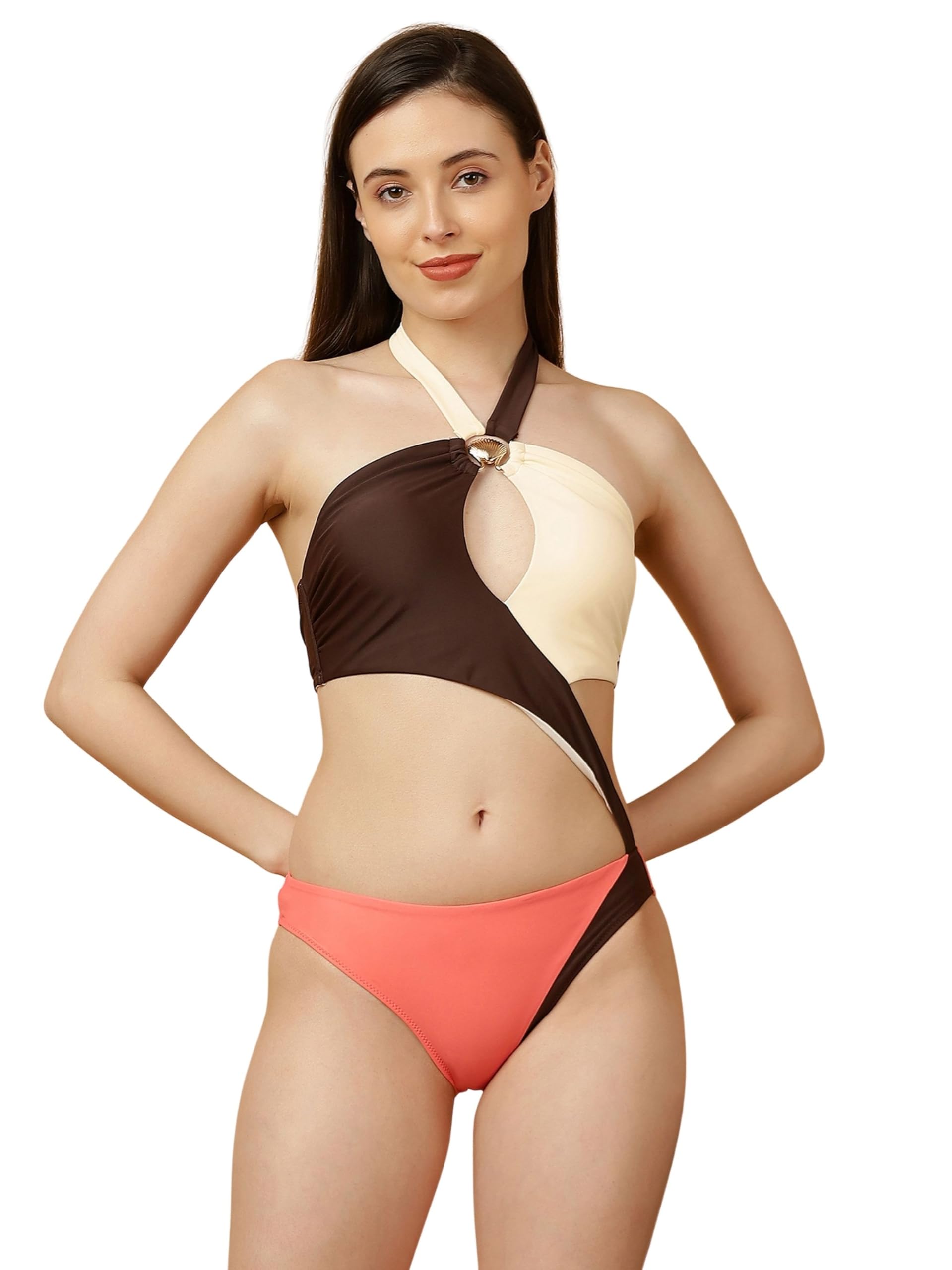 Women's Halter Neck Padded Monokini Swimsuit | Solid Panelling | Side Bone Support | Beach Pool Swimwear-image-27