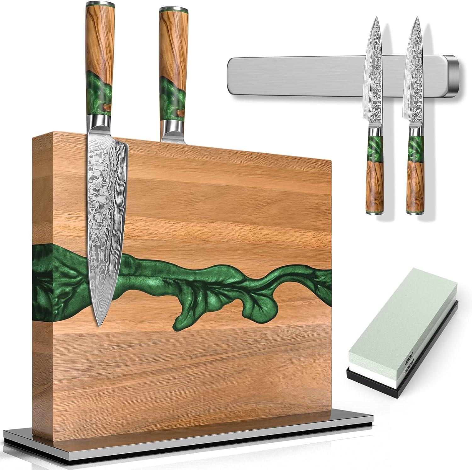 Magnetic Knife Block with Sharpening Stone and Stainless Steel Magnetic Knife Strip, Emojoy Double Side Magnetic Knife Holder, Acacia Wood Knife Block and Green Resin